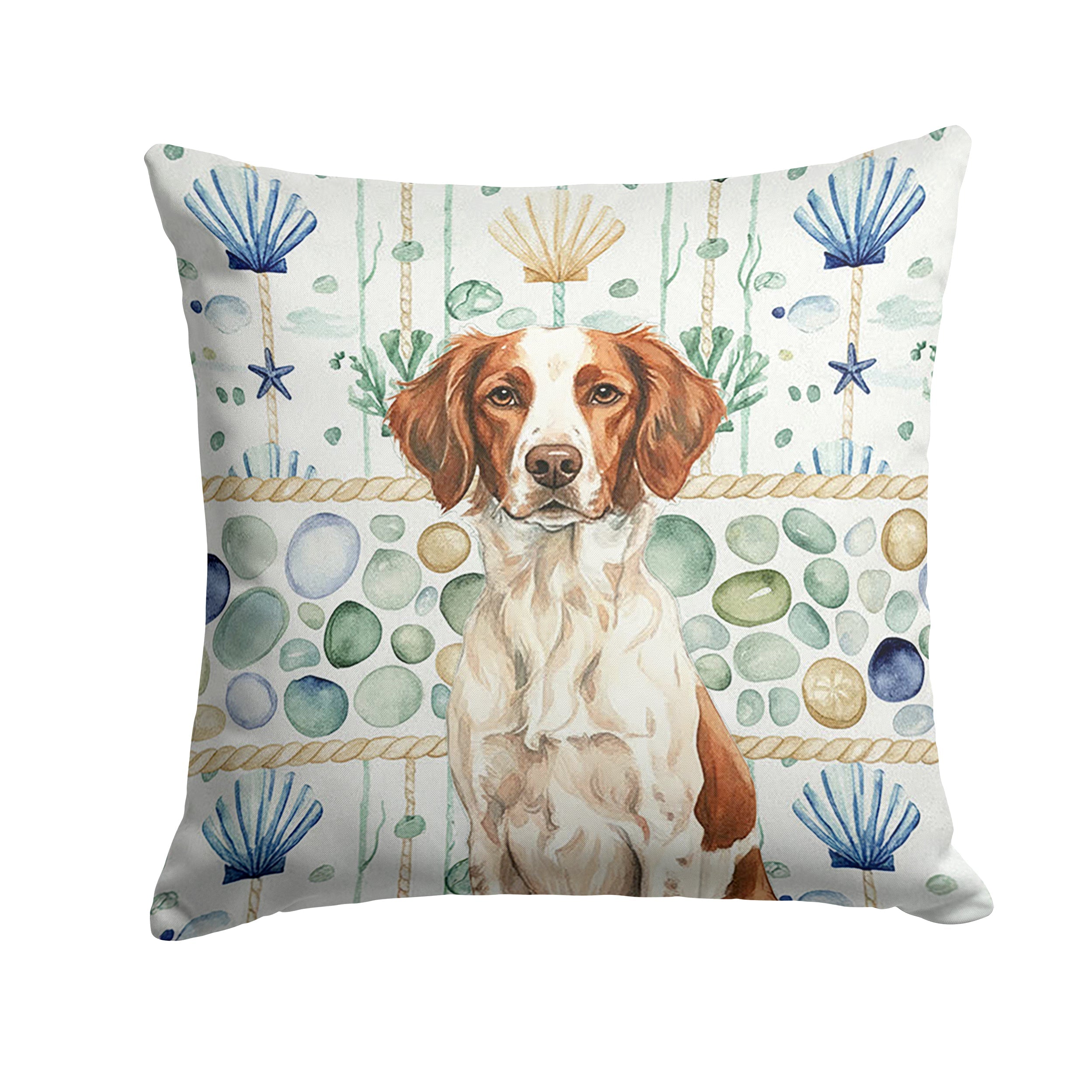 Liver and White Brittany Coastal Sea Glass Decorative Throw Pillow 14x14 Indoor Outdoor Accent Cushion, Fabric Cover with Insert for Sofa, Bed, Porch & Living Room