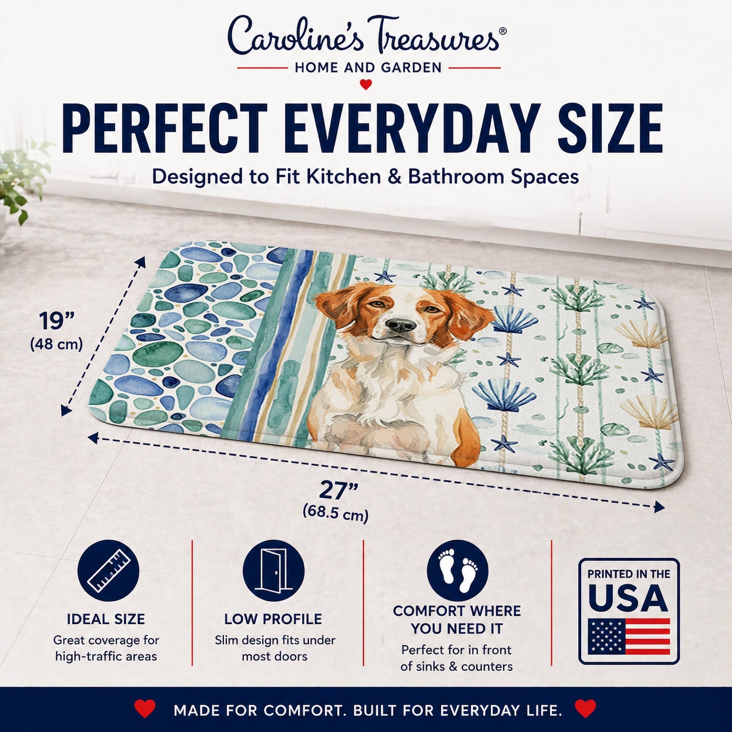 Orange and White Brittany Coastal Sea Glass Memory Foam Kitchen Mat Machine Washable Anti-Fatigue Cushion Comfort Bath or Kitchen Rug