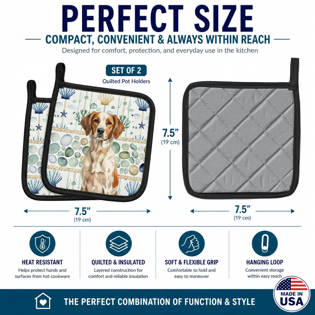 Roan Brittany Coastal Sea Glass Pot Holder Set of 2 Heat Resistant Quilted Hot Pads 7.5 x 7.5 Inch, Insulated Kitchen Trivets for Cooking & Baking