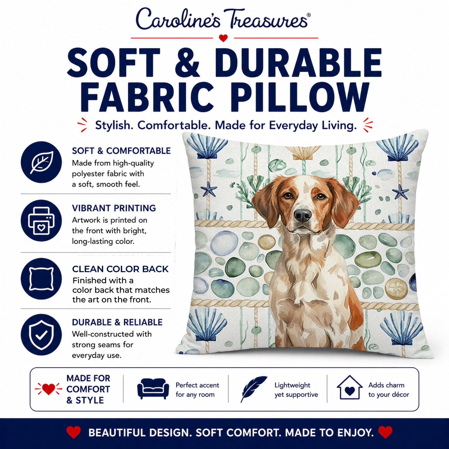 Roan Brittany Coastal Sea Glass Decorative Throw Pillow 18x18 Indoor Outdoor Accent Cushion, Fabric Cover with Insert for Sofa, Bed, Porch & Living Room