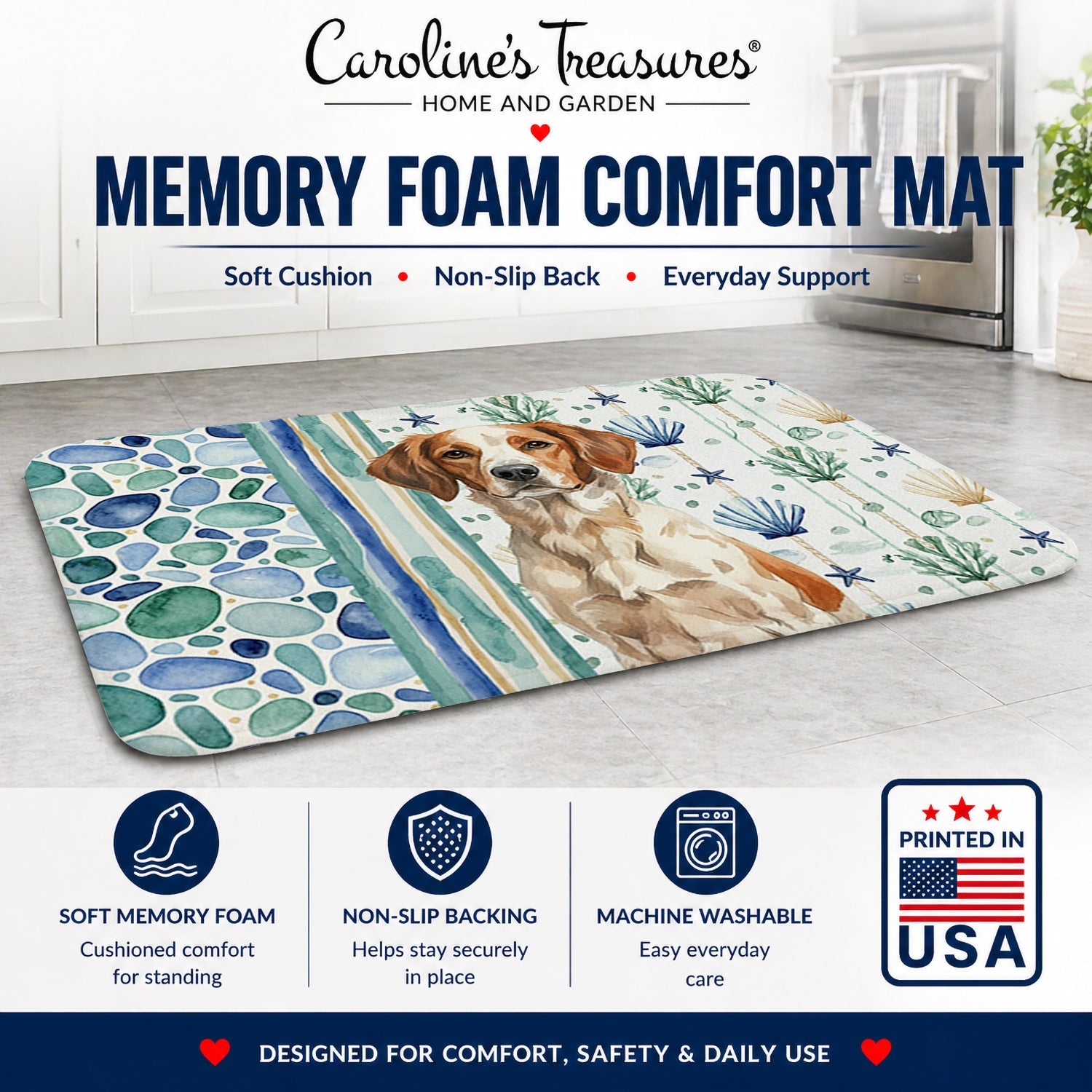Roan Brittany Coastal Sea Glass Memory Foam Kitchen Mat Machine Washable Anti-Fatigue Cushion Comfort Bath or Kitchen Rug