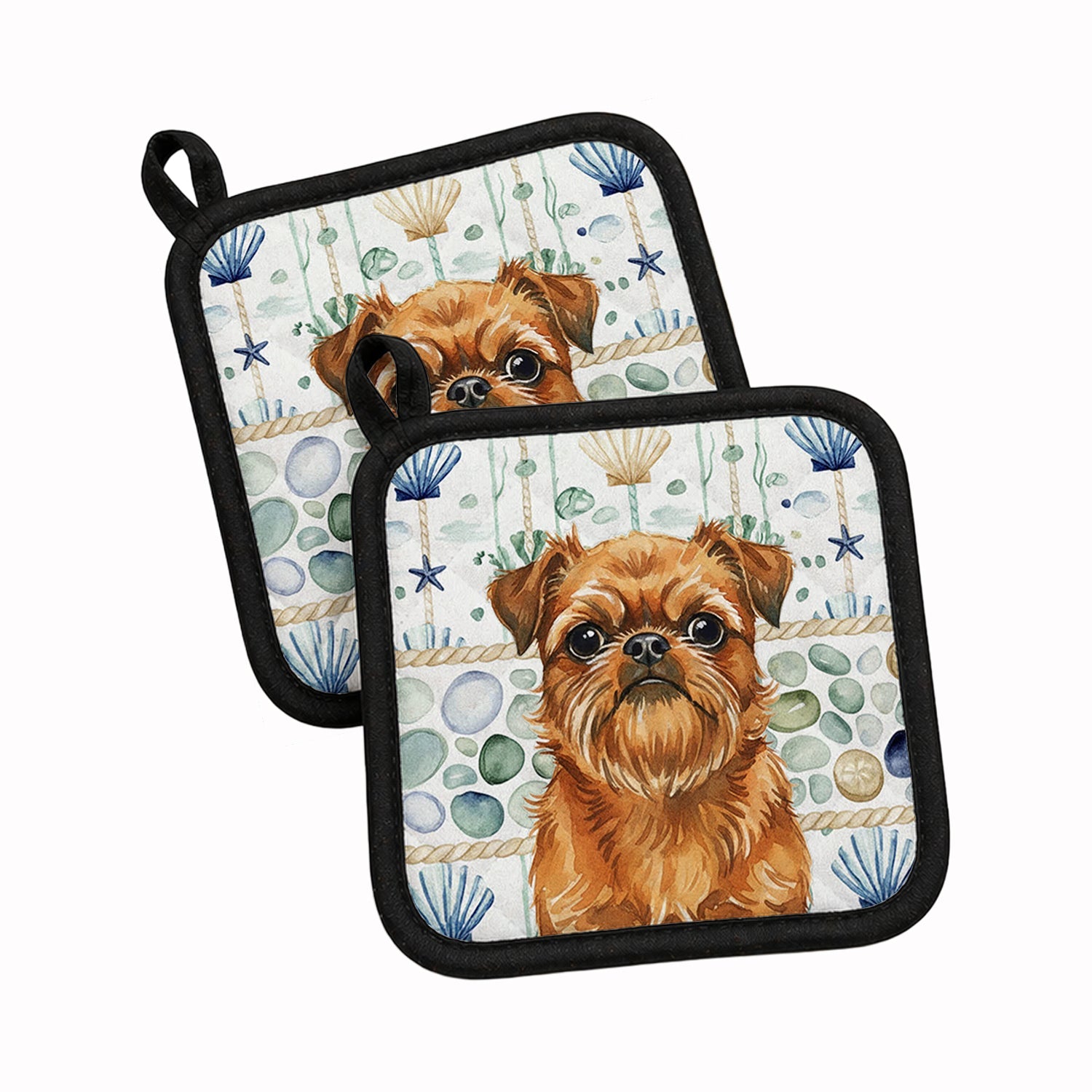 Belge Brussels Griffon Coastal Sea Glass Pot Holder Set of 2 Heat Resistant Quilted Hot Pads 7.5 x 7.5 Inch, Insulated Kitchen Trivets for Cooking & Baking