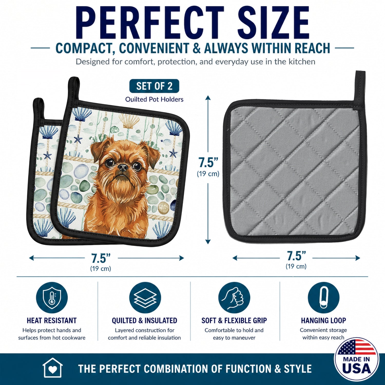 Belge Brussels Griffon Coastal Sea Glass Pot Holder Set of 2 Heat Resistant Quilted Hot Pads 7.5 x 7.5 Inch, Insulated Kitchen Trivets for Cooking & Baking