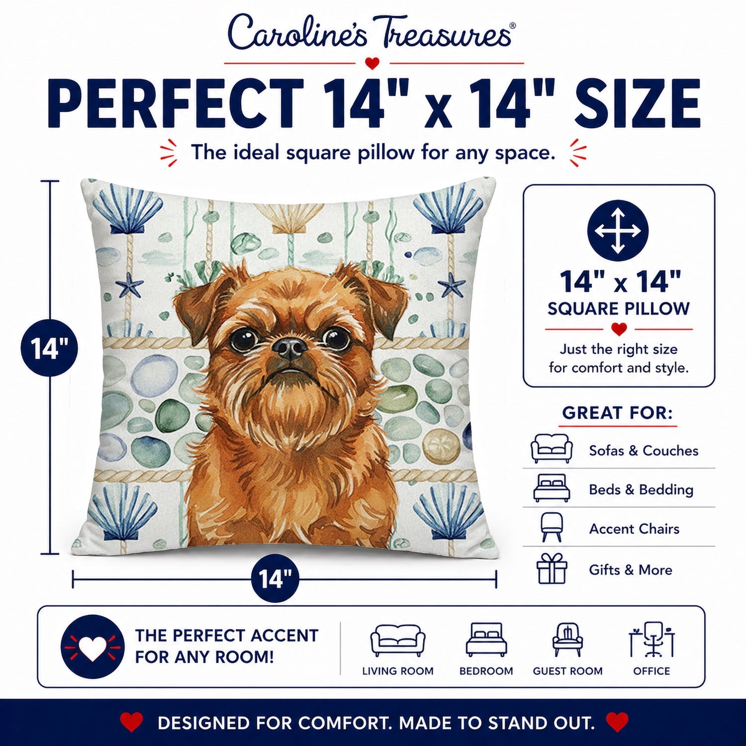 Belge Brussels Griffon Coastal Sea Glass Decorative Throw Pillow 14x14 Indoor Outdoor Accent Cushion, Fabric Cover with Insert for Sofa, Bed, Porch & Living Room