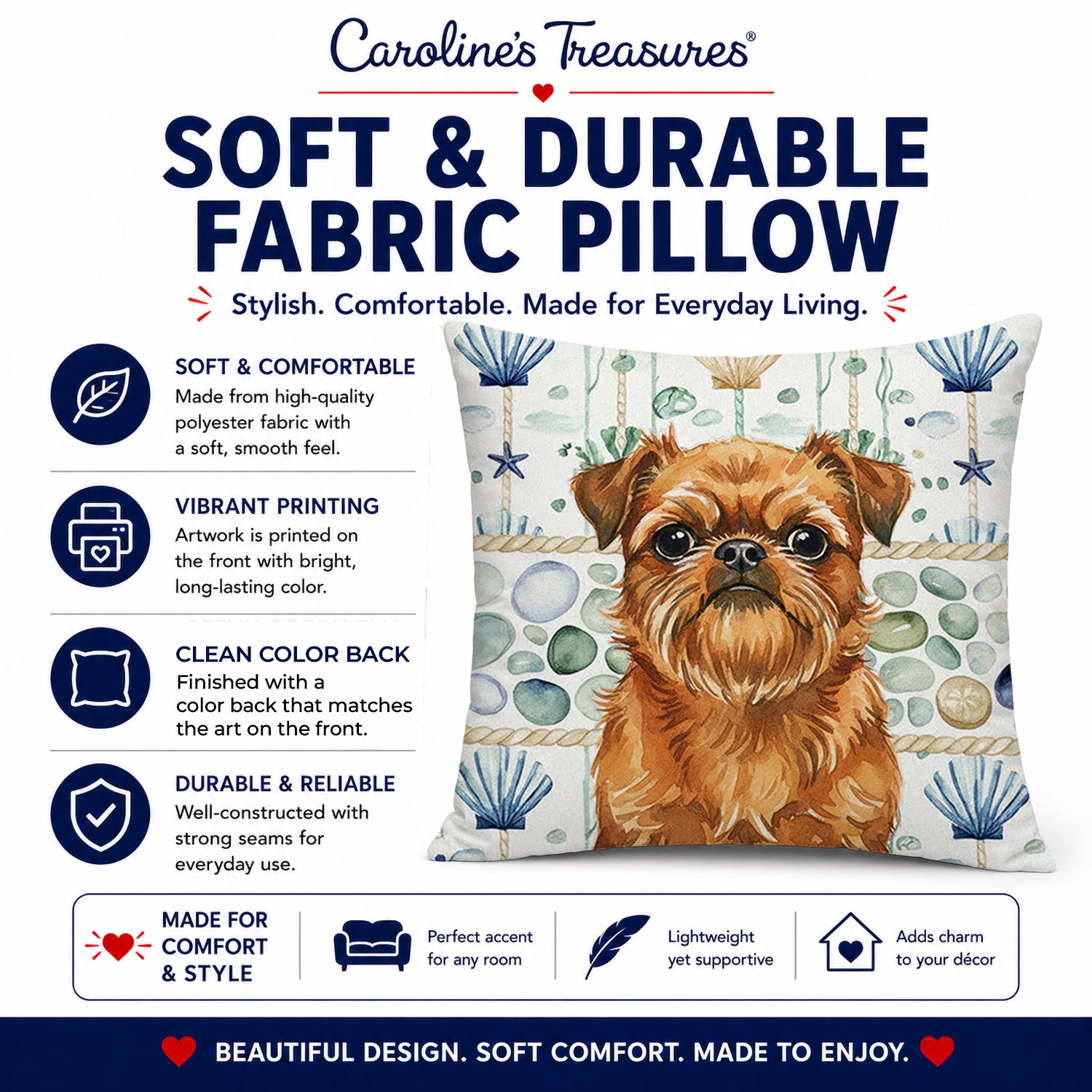 Belge Brussels Griffon Coastal Sea Glass Decorative Throw Pillow 18x18 Indoor Outdoor Accent Cushion, Fabric Cover with Insert for Sofa, Bed, Porch & Living Room