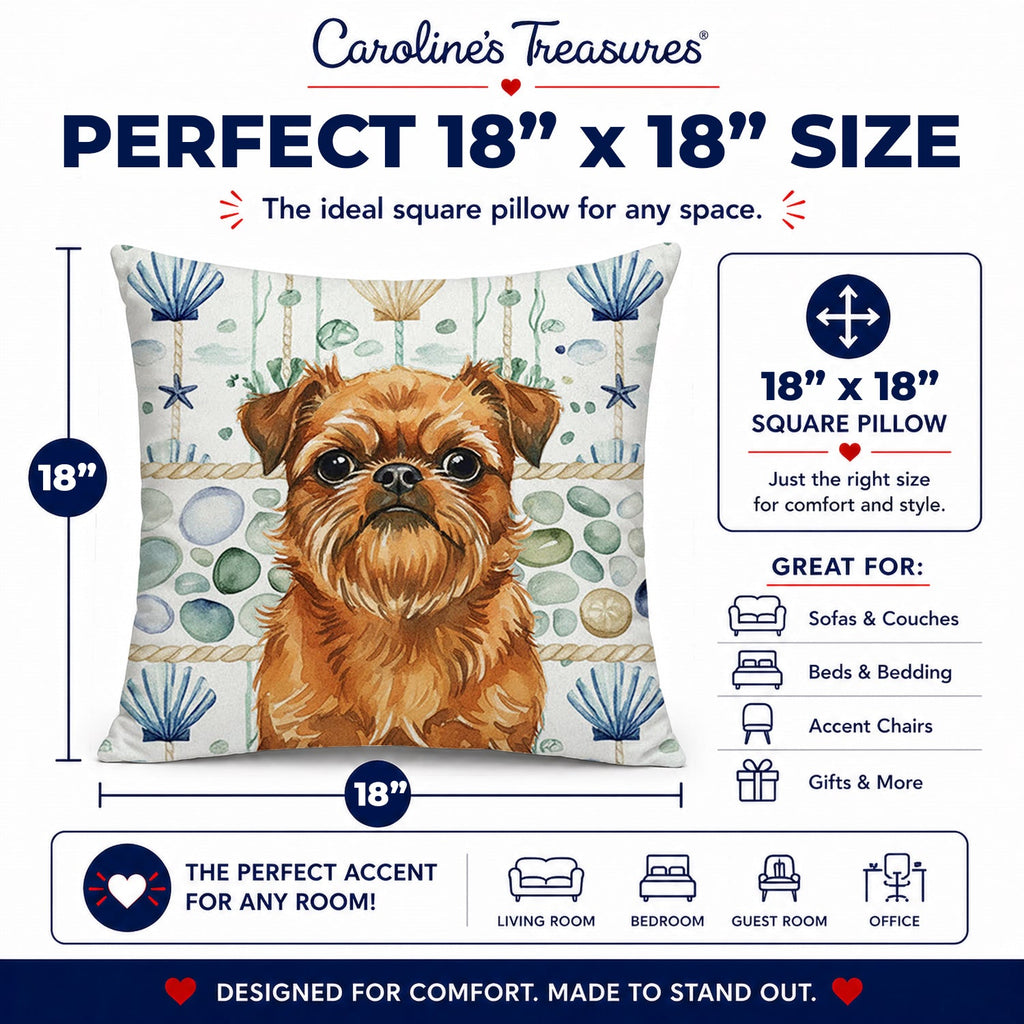 Belge Brussels Griffon Coastal Sea Glass Decorative Throw Pillow 18x18 Indoor Outdoor Accent Cushion, Fabric Cover with Insert for Sofa, Bed, Porch & Living Room