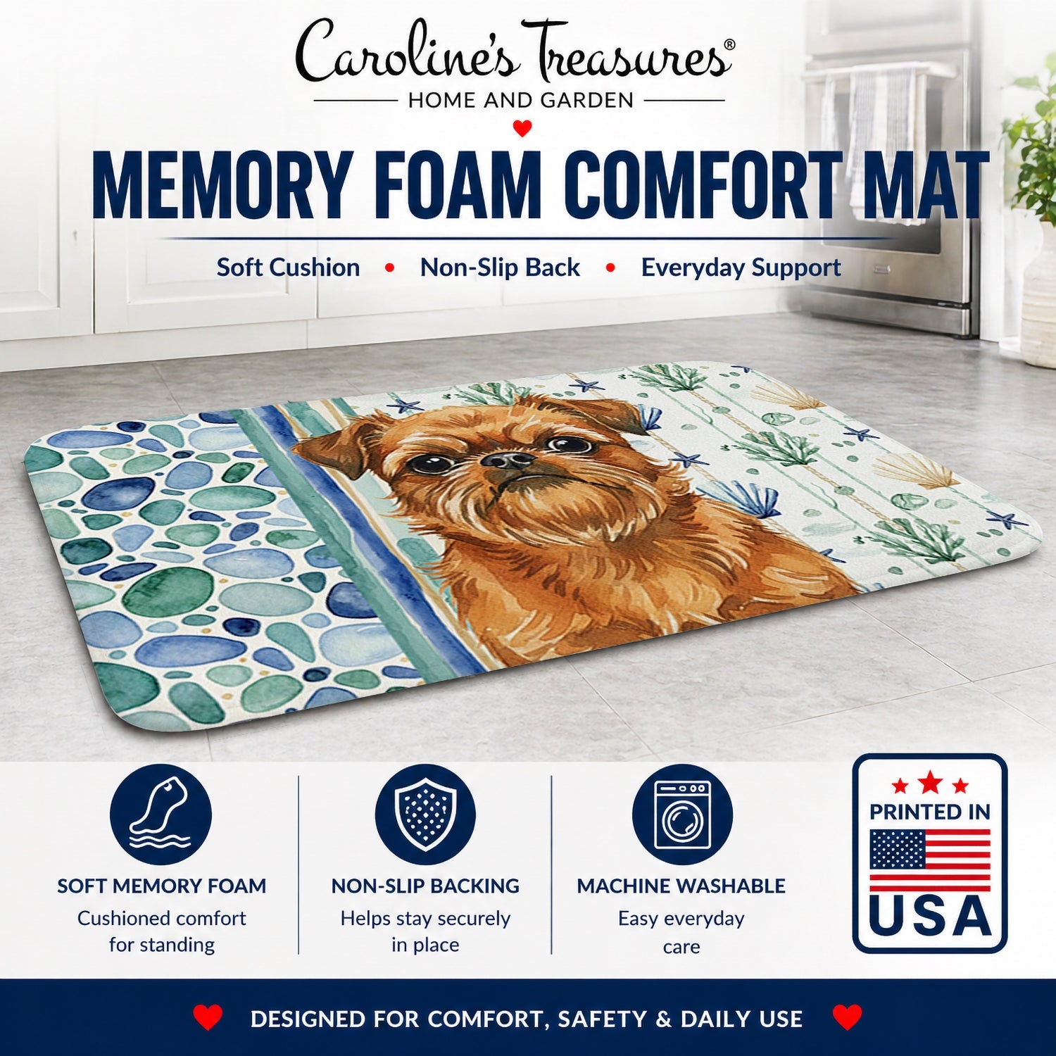 Belge Brussels Griffon Coastal Sea Glass Memory Foam Kitchen Mat Machine Washable Anti-Fatigue Cushion Comfort Bath or Kitchen Rug
