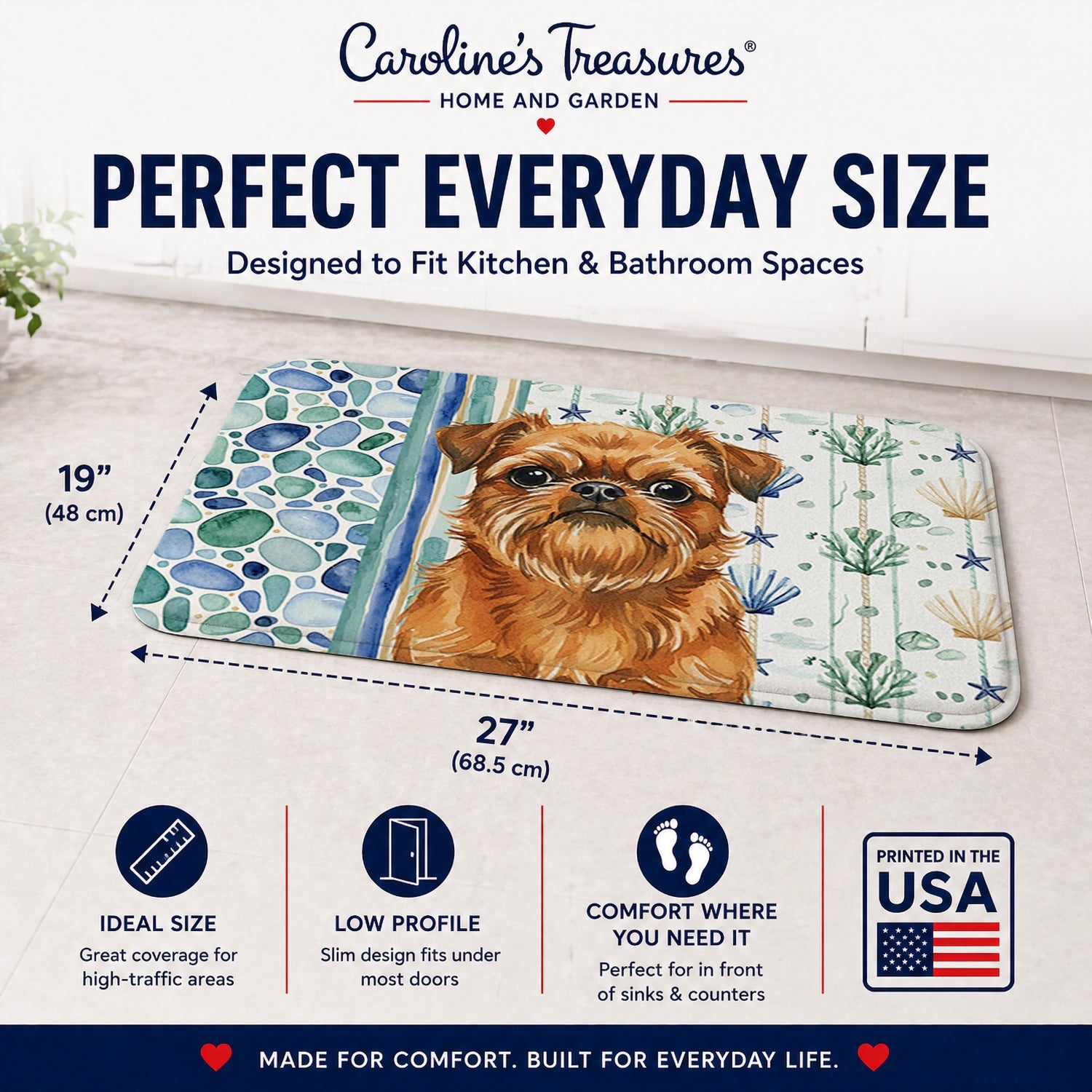 Belge Brussels Griffon Coastal Sea Glass Memory Foam Kitchen Mat Machine Washable Anti-Fatigue Cushion Comfort Bath or Kitchen Rug