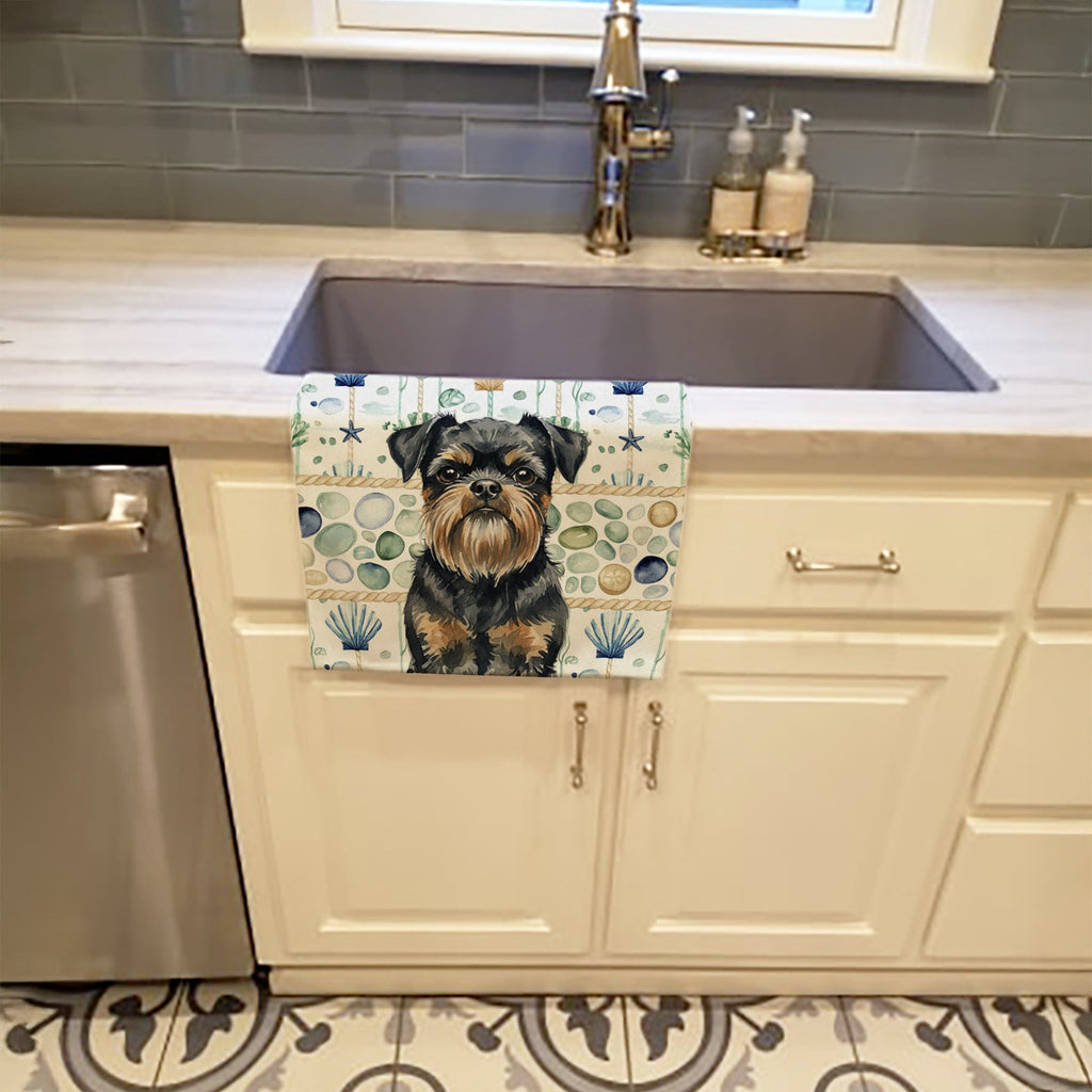 Black and Tan Brussels Griffon Coastal Sea Glass Kitchen Towel Velour Plush Front and Cotton Loop Back Machine Washable