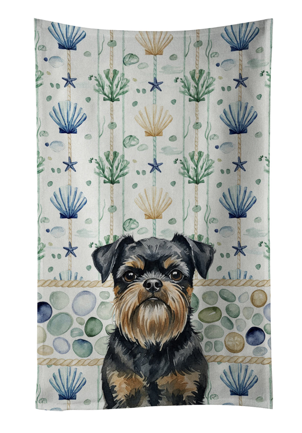 Black and Tan Brussels Griffon Coastal Sea Glass Kitchen Towel Velour Plush Front and Cotton Loop Back Machine Washable
