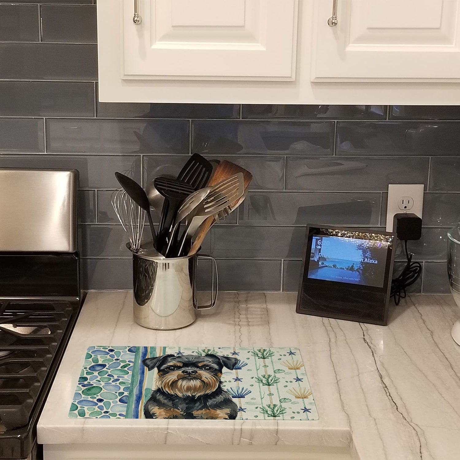 Black and Tan Brussels Griffon Coastal Sea Glass Cutting Board Tempered Glass Kitchen Cutting Surface, Heat Resistant Chopping, Non-Slip Feet, Food Prep & Serving