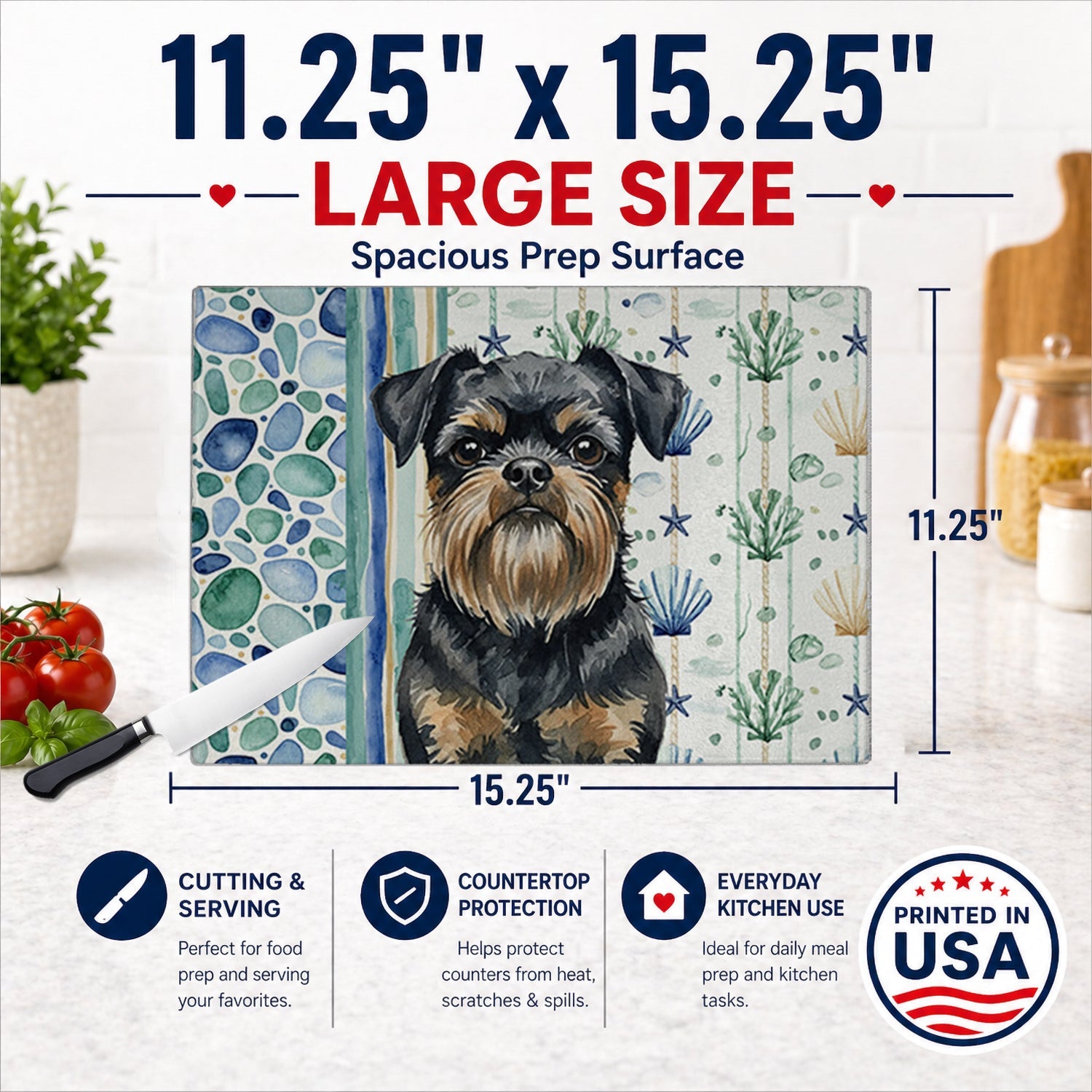 Black and Tan Brussels Griffon Coastal Sea Glass Cutting Board Tempered Glass Kitchen Cutting Surface, Heat Resistant Chopping, Non-Slip Feet, Food Prep & Serving