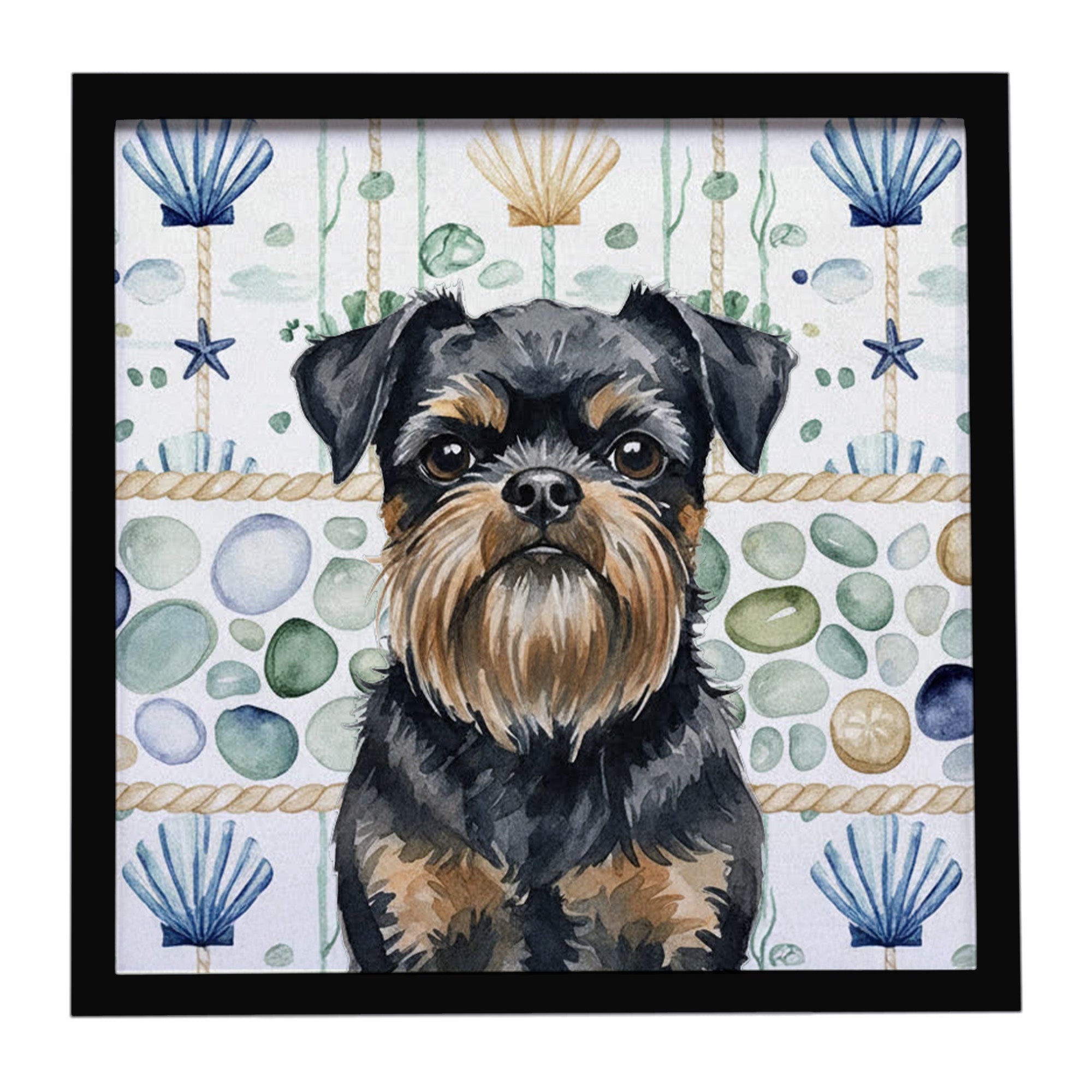 Black and Tan Brussels Griffon Coastal Sea Glass Framed Metal Print Bathroom, Kitchen, Office, Home Decor Wall Art Ready to Hang, Square, 8X8