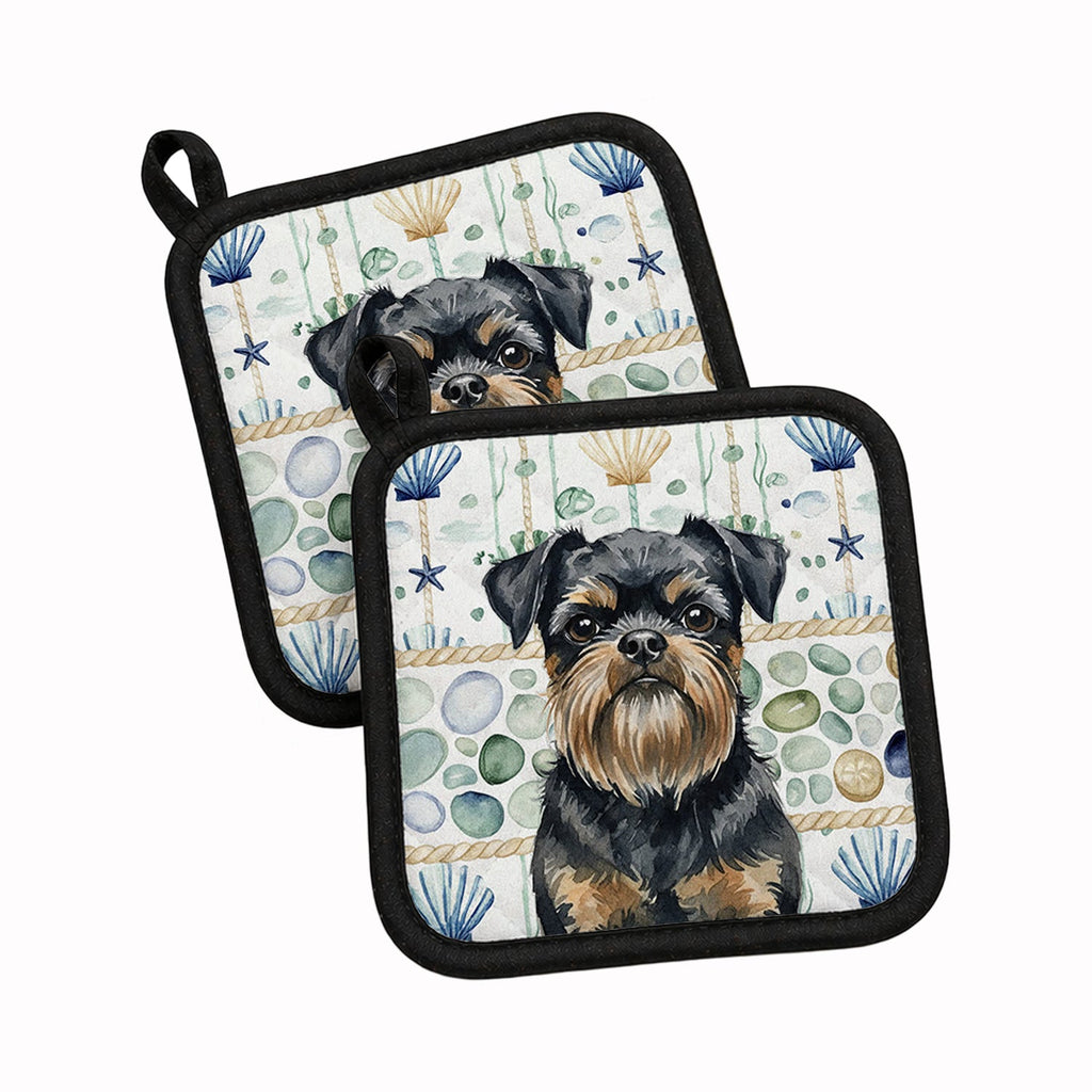 Black and Tan Brussels Griffon Coastal Sea Glass Pot Holder Set of 2 Heat Resistant Quilted Hot Pads 7.5 x 7.5 Inch, Insulated Kitchen Trivets for Cooking & Baking