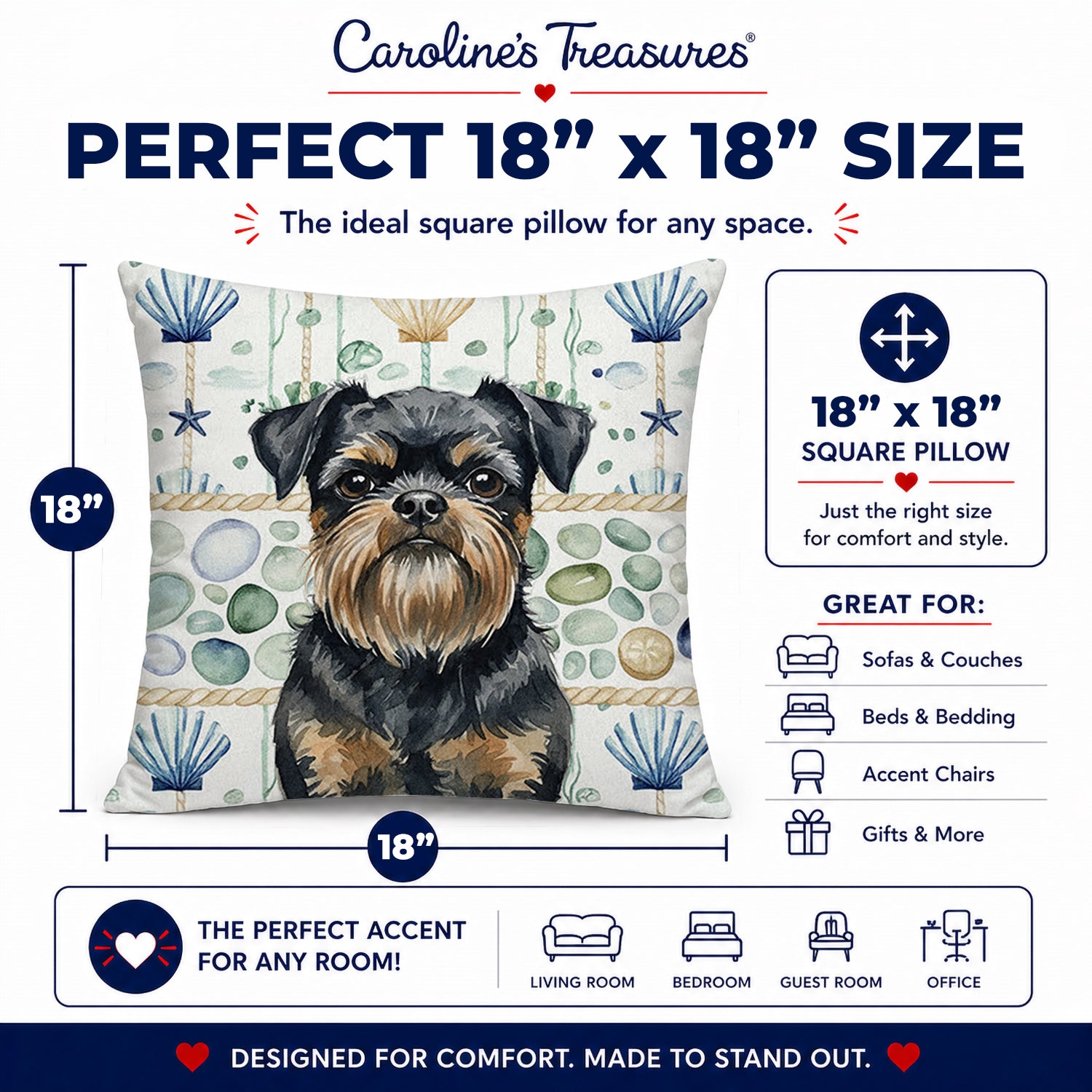 Black and Tan Brussels Griffon Coastal Sea Glass Decorative Throw Pillow 18x18 Indoor Outdoor Accent Cushion, Fabric Cover with Insert for Sofa, Bed, Porch & Living Room