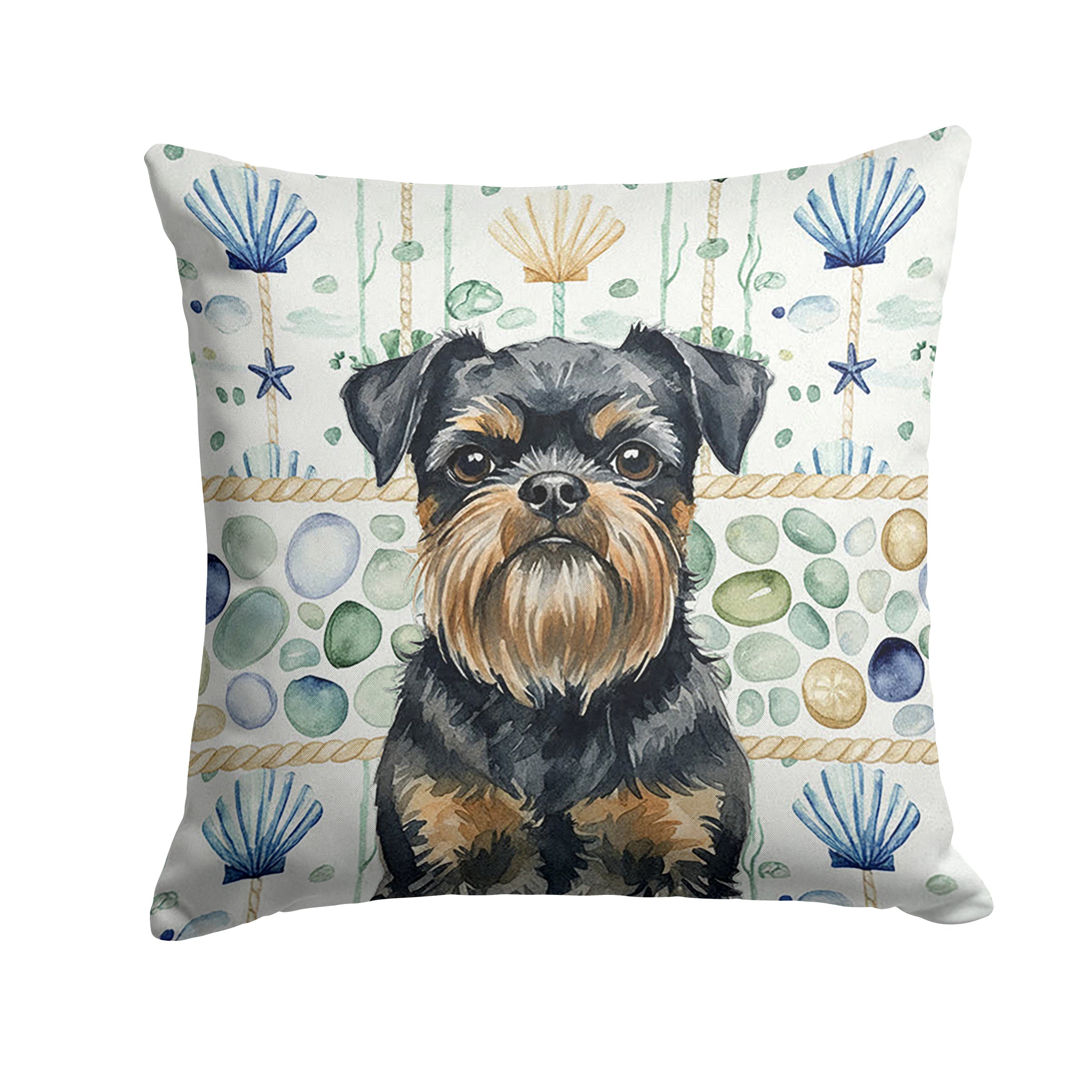 Black and Tan Brussels Griffon Coastal Sea Glass Decorative Throw Pillow 18x18 Indoor Outdoor Accent Cushion, Fabric Cover with Insert for Sofa, Bed, Porch & Living Room