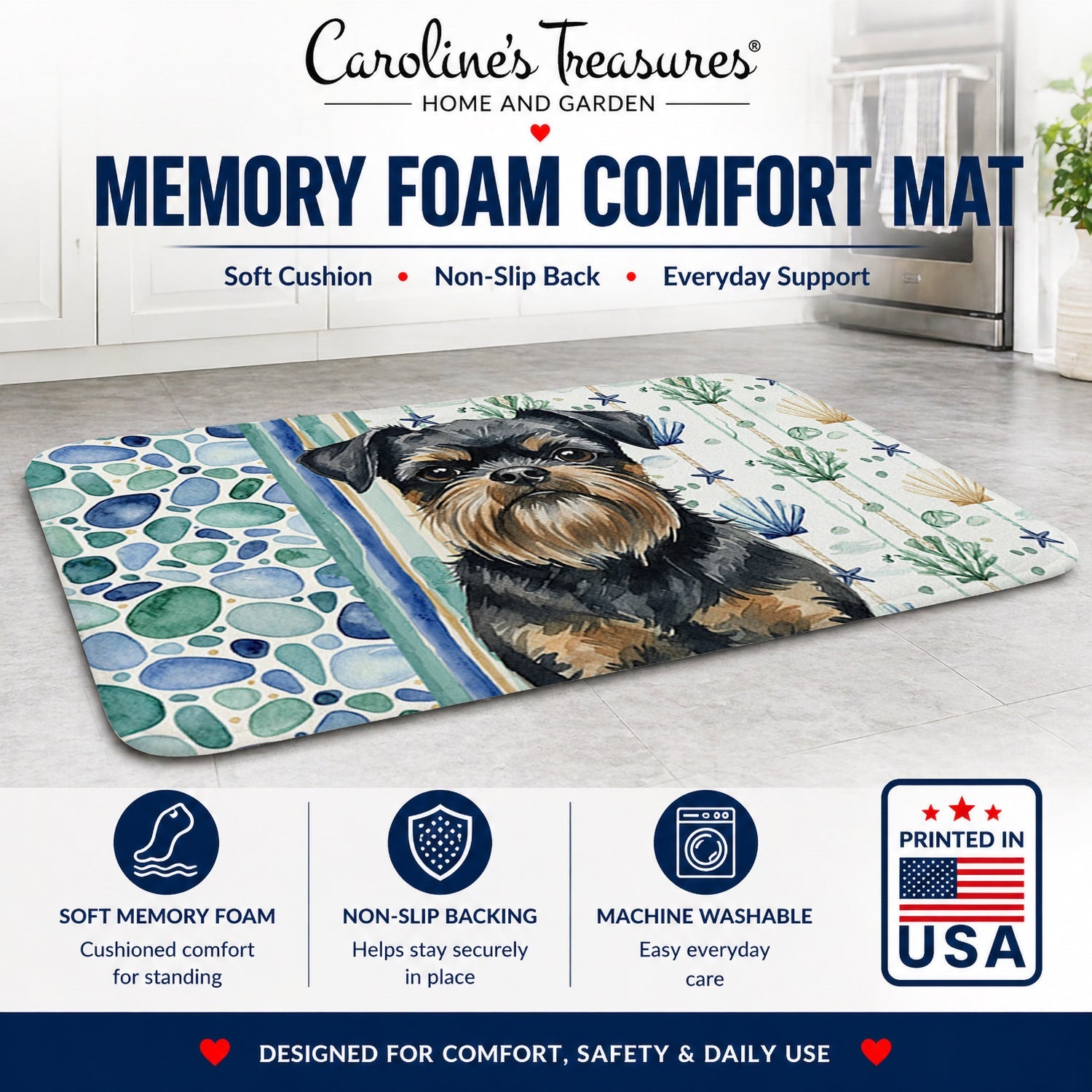 Black and Tan Brussels Griffon Coastal Sea Glass Memory Foam Kitchen Mat Machine Washable Anti-Fatigue Cushion Comfort Bath or Kitchen Rug