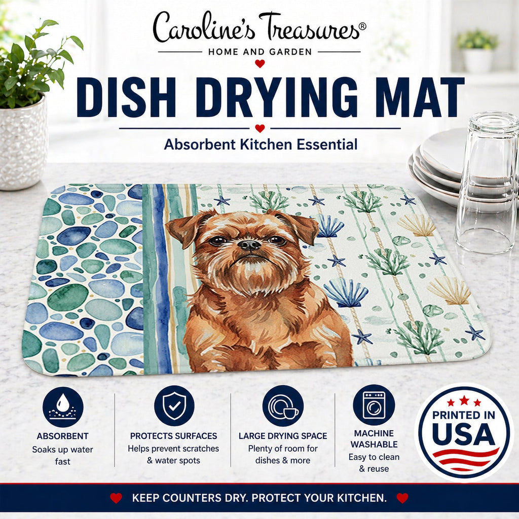 Red Brussels Griffon Coastal Sea Glass Dish Drying Mat Absorbent Dish Drying Mat Pad for Kitchen Counter Dish Drainer Mat for Countertop, 14 x 21", Multicolor