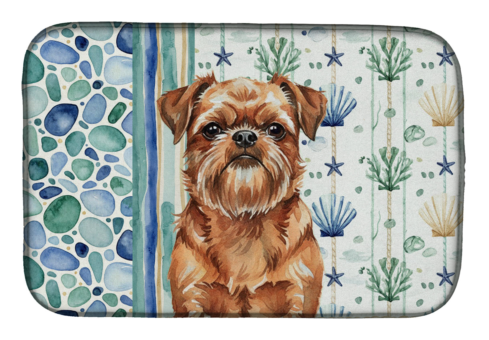 Red Brussels Griffon Coastal Sea Glass Dish Drying Mat Absorbent Dish Drying Mat Pad for Kitchen Counter Dish Drainer Mat for Countertop, 14 x 21", Multicolor