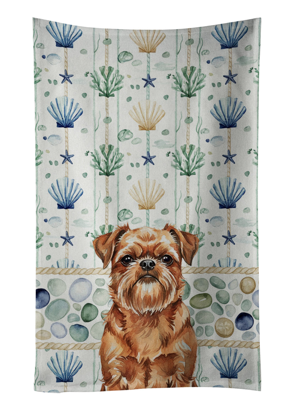 Red Brussels Griffon Coastal Sea Glass Kitchen Towel Velour Plush Front and Cotton Loop Back Machine Washable