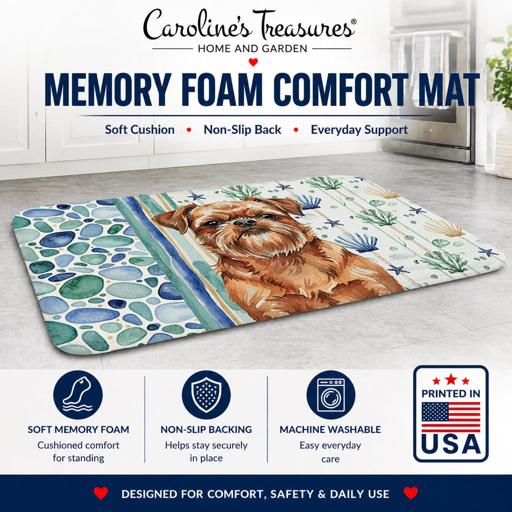 Red Brussels Griffon Coastal Sea Glass Memory Foam Kitchen Mat Machine Washable Anti-Fatigue Cushion Comfort Bath or Kitchen Rug