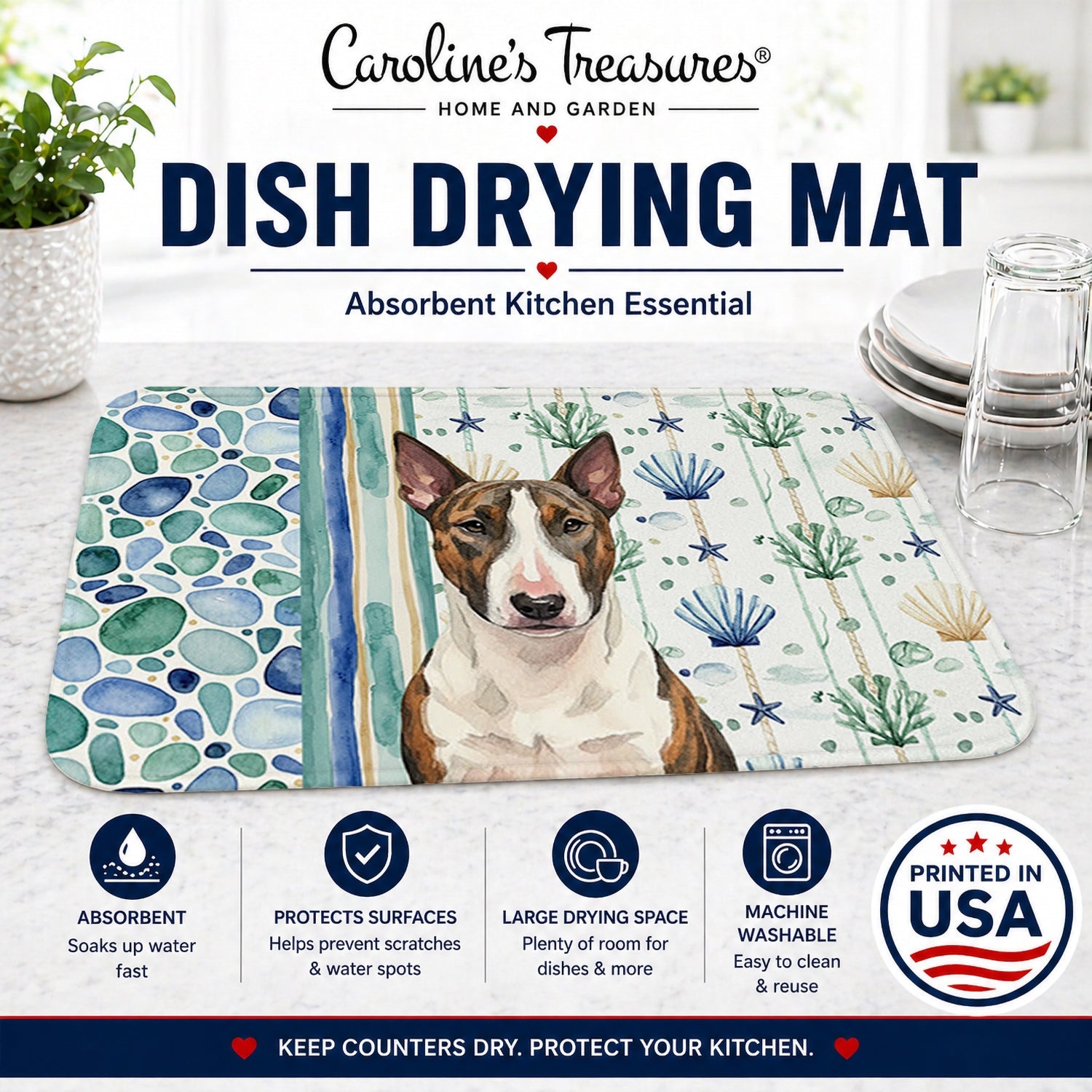 Brindle and White Bull Terrier Coastal Sea Glass Dish Drying Mat Absorbent Dish Drying Mat Pad for Kitchen Counter Dish Drainer Mat for Countertop, 14 x 21", Multicolor