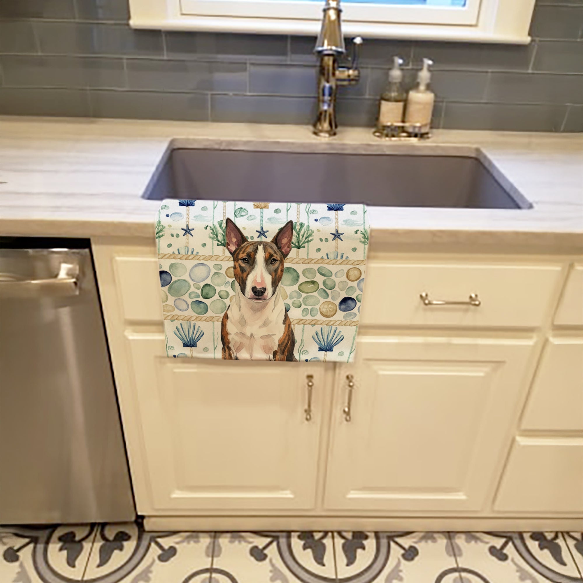 Brindle and White Bull Terrier Coastal Sea Glass Kitchen Towel Velour Plush Front and Cotton Loop Back Machine Washable