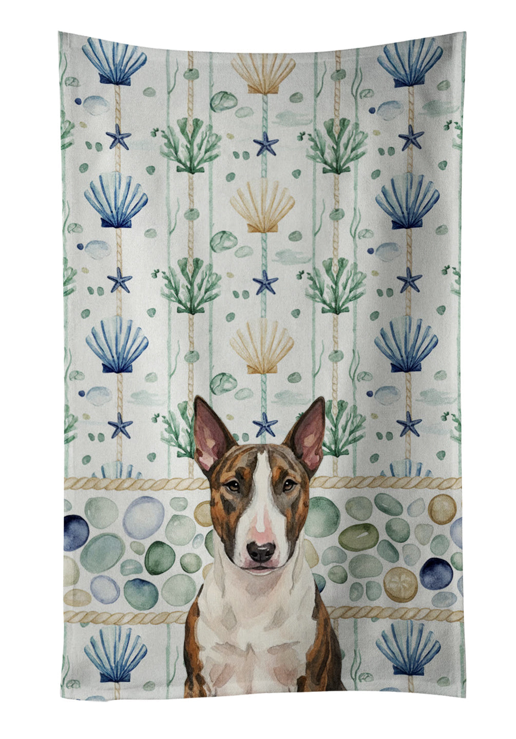 Brindle and White Bull Terrier Coastal Sea Glass Kitchen Towel Velour Plush Front and Cotton Loop Back Machine Washable