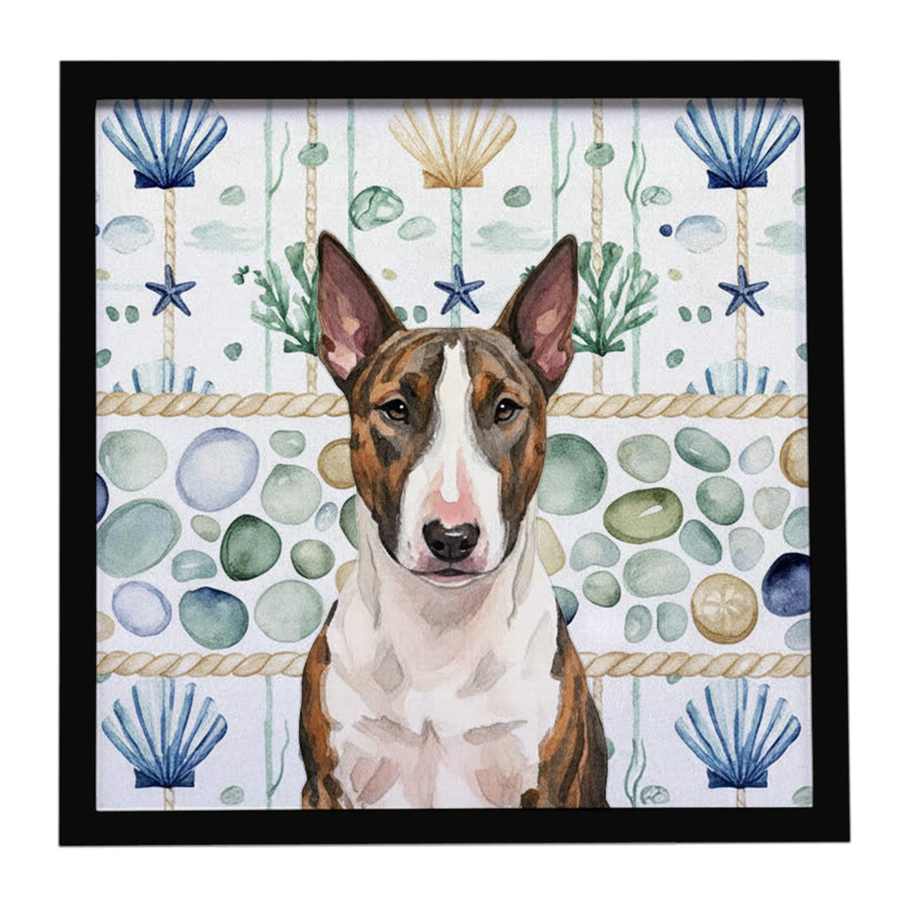 Brindle and White Bull Terrier Coastal Sea Glass Framed Metal Print Bathroom, Kitchen, Office, Home Decor Wall Art Ready to Hang, Square, 8X8