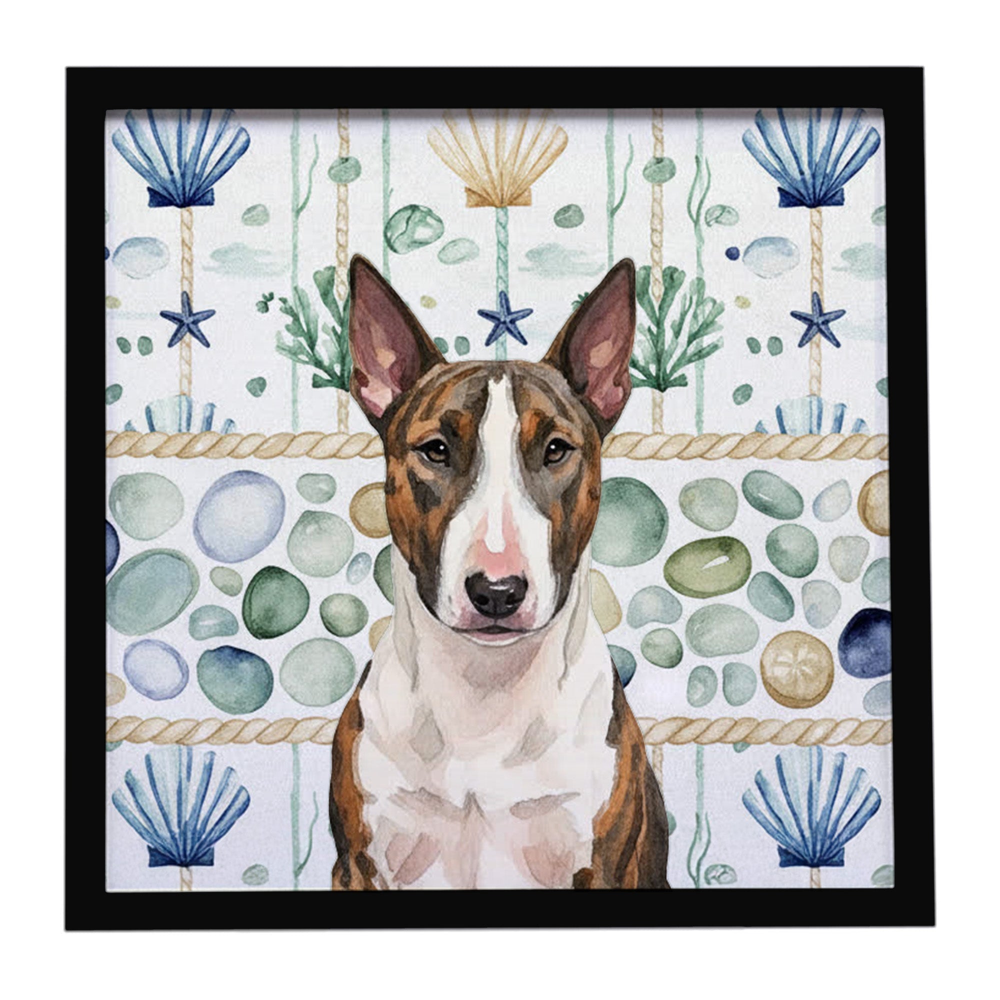 Brindle and White Bull Terrier Coastal Sea Glass Framed Metal Print Bathroom, Kitchen, Office, Home Decor Wall Art Ready to Hang, Square, 8X8
