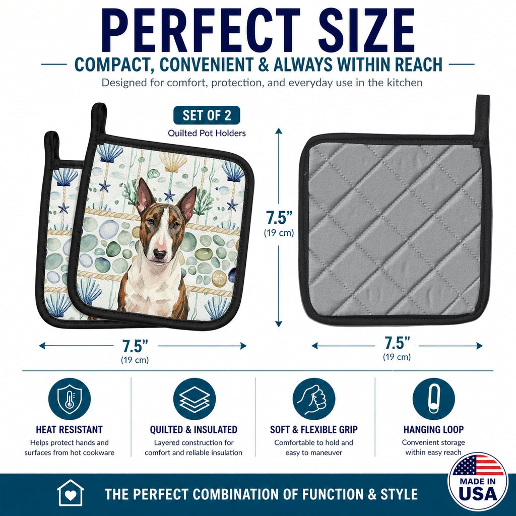 Brindle and White Bull Terrier Coastal Sea Glass Pot Holder Set of 2 Heat Resistant Quilted Hot Pads 7.5 x 7.5 Inch, Insulated Kitchen Trivets for Cooking & Baking