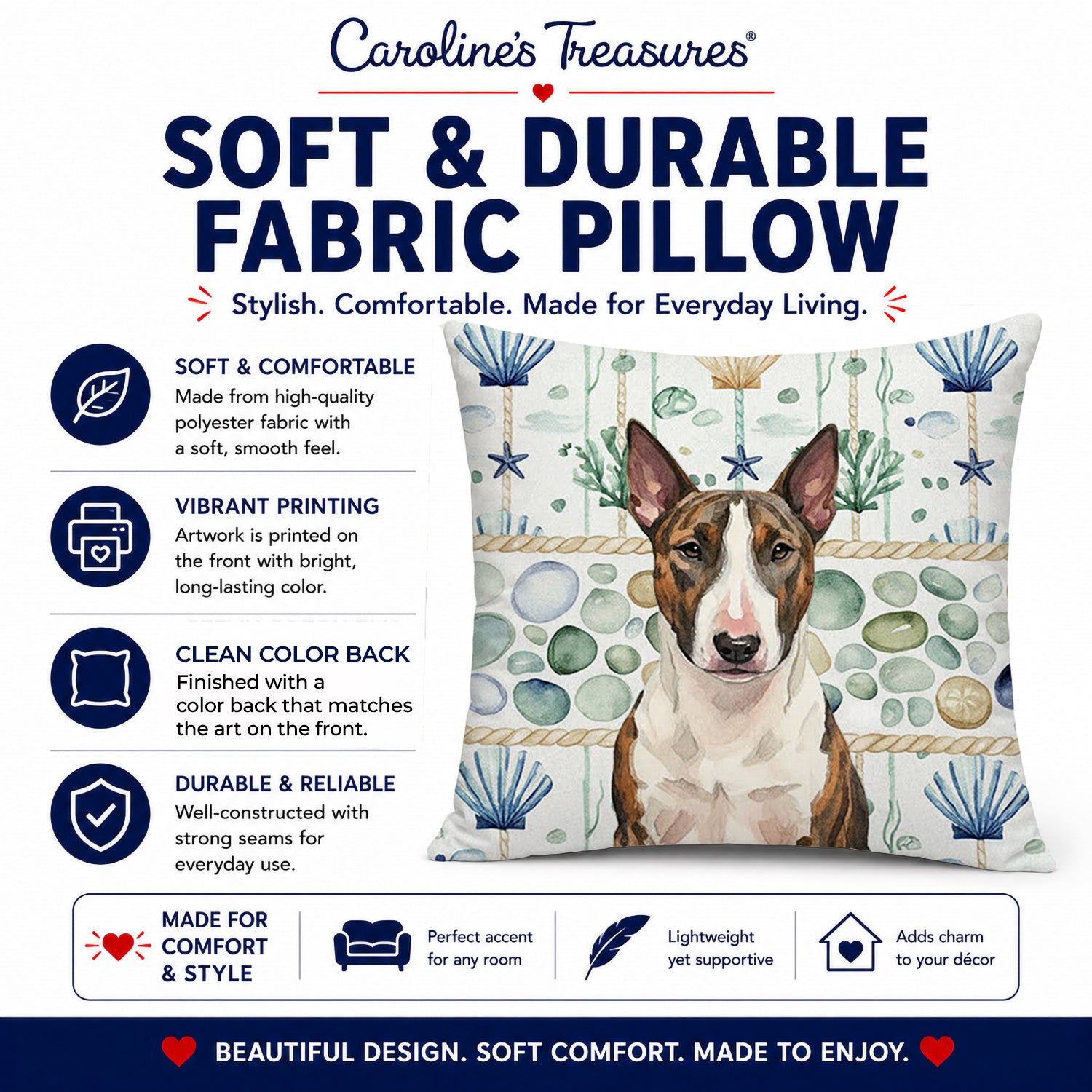 Brindle and White Bull Terrier Coastal Sea Glass Decorative Throw Pillow 14x14 Indoor Outdoor Accent Cushion, Fabric Cover with Insert for Sofa, Bed, Porch & Living Room