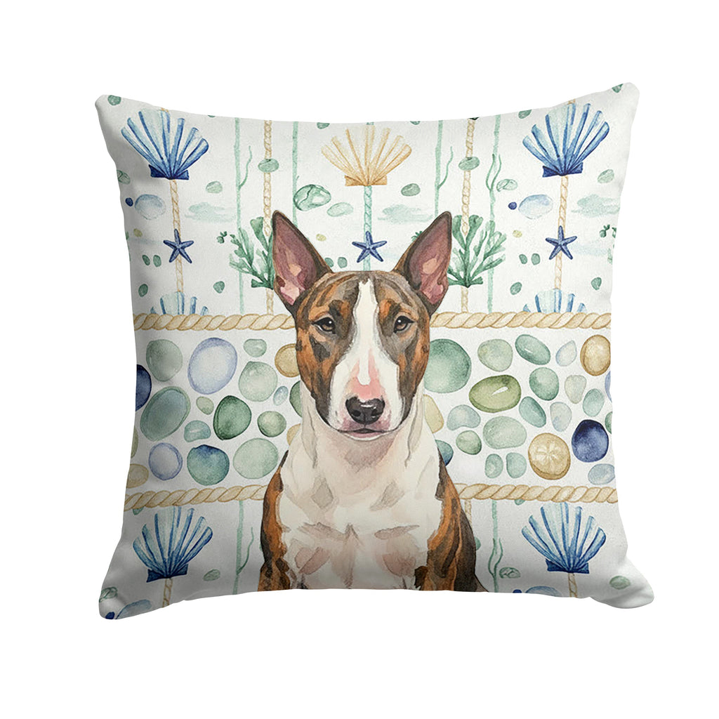 Brindle and White Bull Terrier Coastal Sea Glass Decorative Throw Pillow 14x14 Indoor Outdoor Accent Cushion, Fabric Cover with Insert for Sofa, Bed, Porch & Living Room