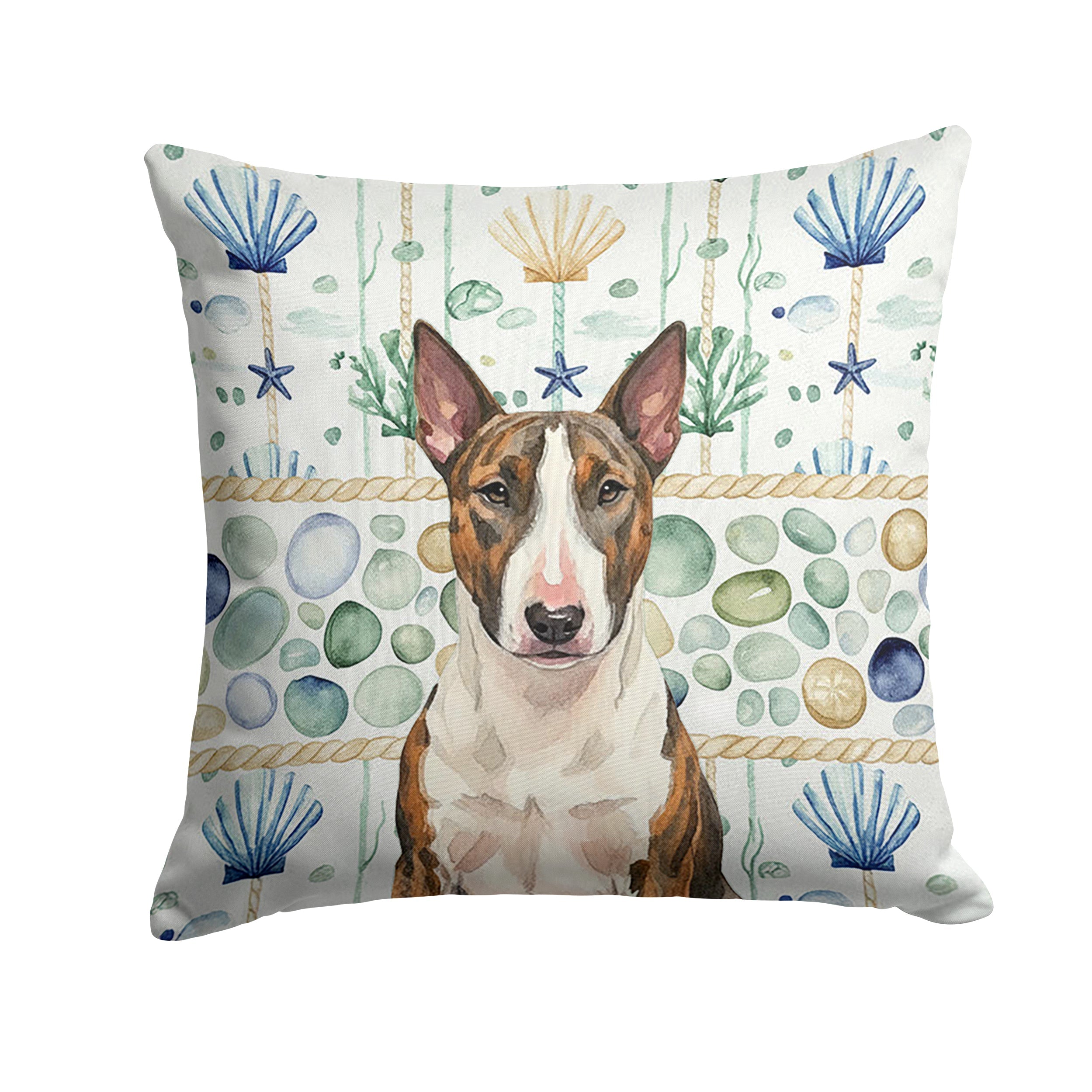Brindle and White Bull Terrier Coastal Sea Glass Decorative Throw Pillow 14x14 Indoor Outdoor Accent Cushion, Fabric Cover with Insert for Sofa, Bed, Porch & Living Room
