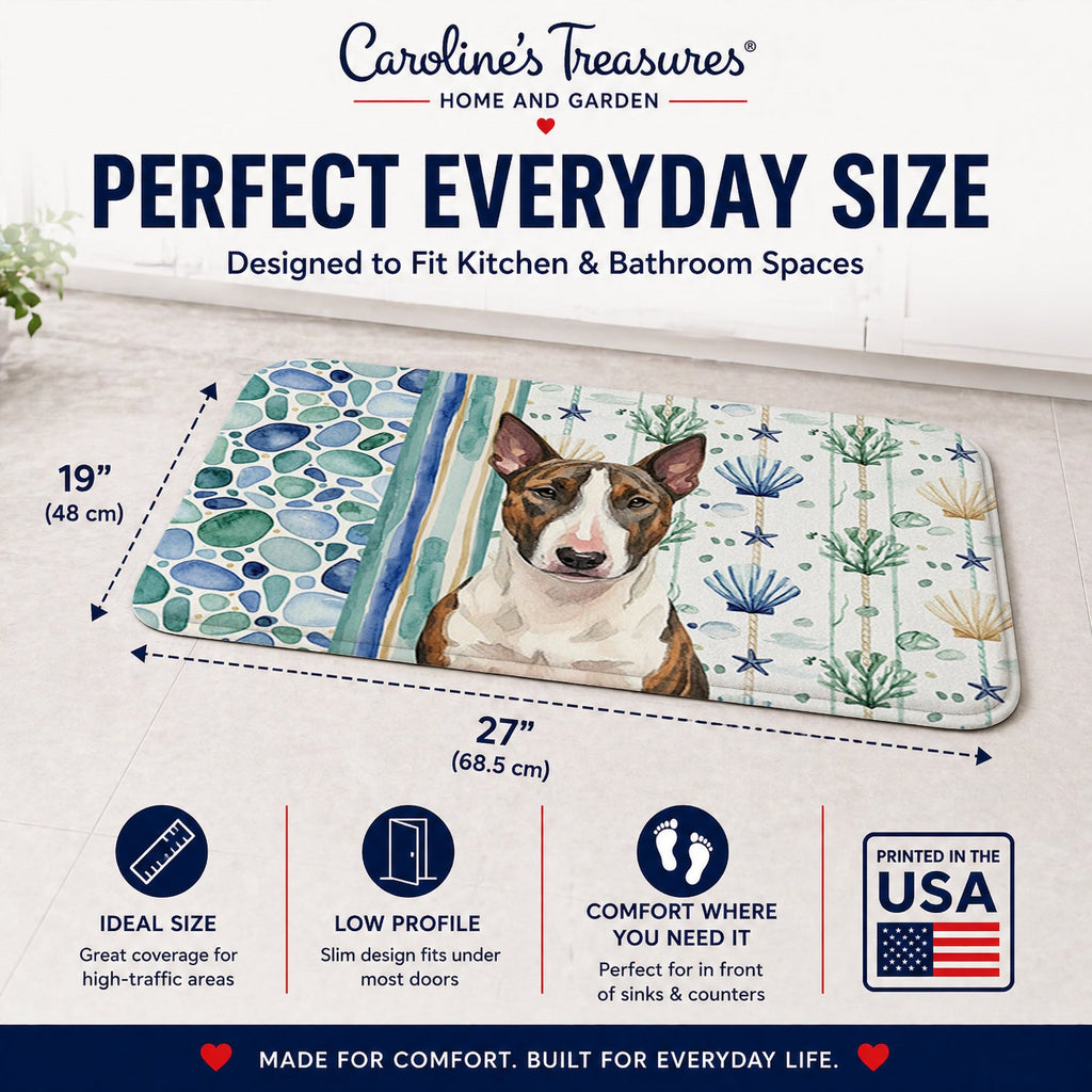 Brindle and White Bull Terrier Coastal Sea Glass Memory Foam Kitchen Mat Machine Washable Anti-Fatigue Cushion Comfort Bath or Kitchen Rug