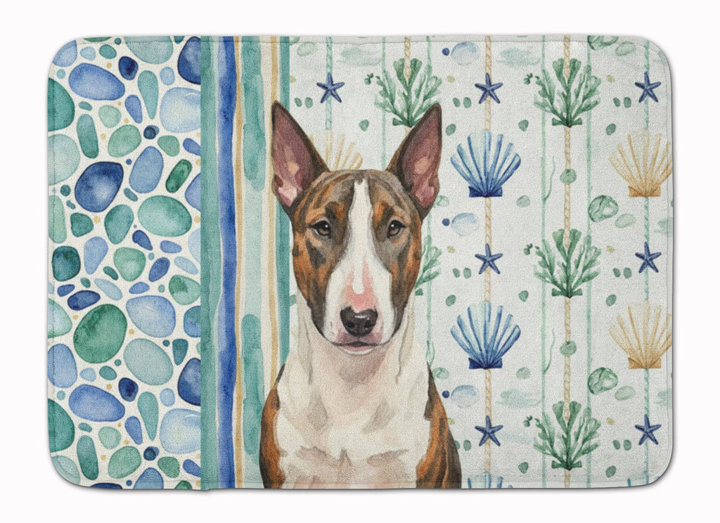 Brindle and White Bull Terrier Coastal Sea Glass Memory Foam Kitchen Mat Machine Washable Anti-Fatigue Cushion Comfort Bath or Kitchen Rug