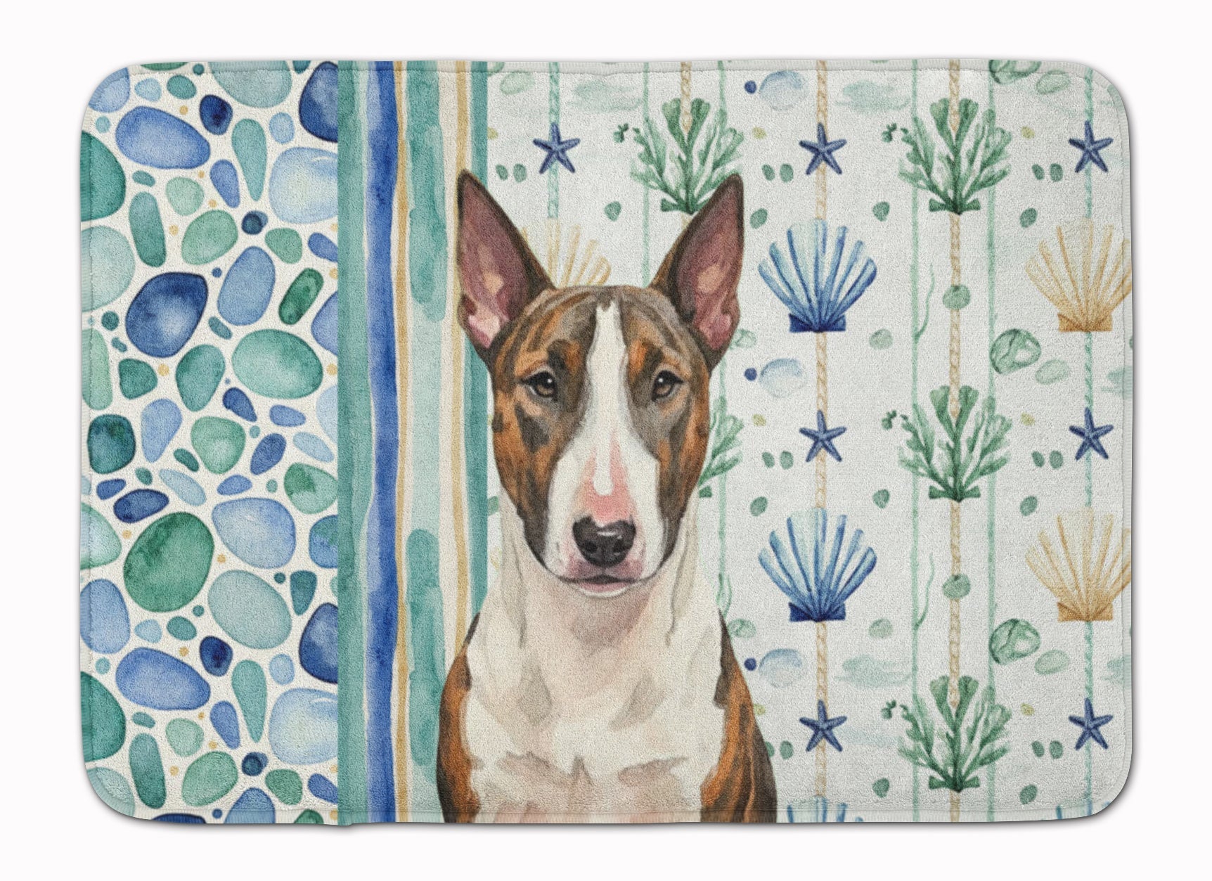 Brindle and White Bull Terrier Coastal Sea Glass Memory Foam Kitchen Mat Machine Washable Anti-Fatigue Cushion Comfort Bath or Kitchen Rug