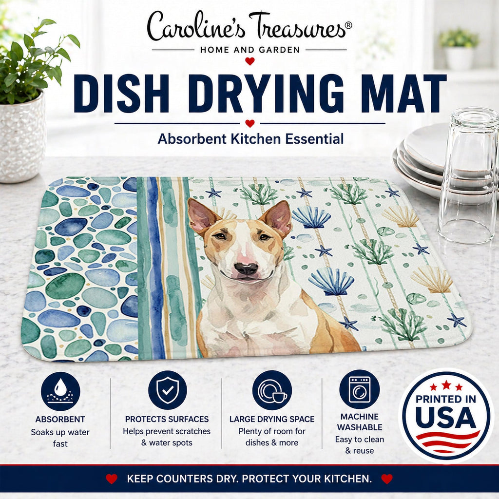 Fawn and White Bull Terrier Coastal Sea Glass Dish Drying Mat Absorbent Dish Drying Mat Pad for Kitchen Counter Dish Drainer Mat for Countertop, 14 x 21", Multicolor