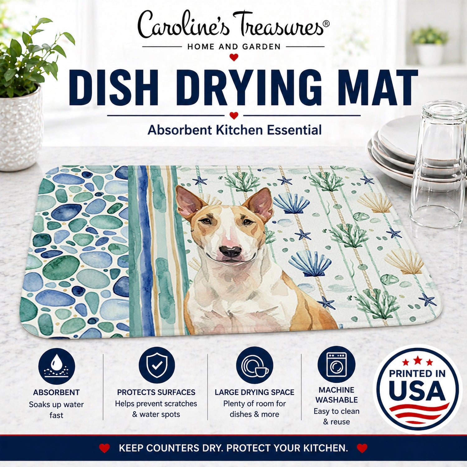 Fawn and White Bull Terrier Coastal Sea Glass Dish Drying Mat Absorbent Dish Drying Mat Pad for Kitchen Counter Dish Drainer Mat for Countertop, 14 x 21", Multicolor