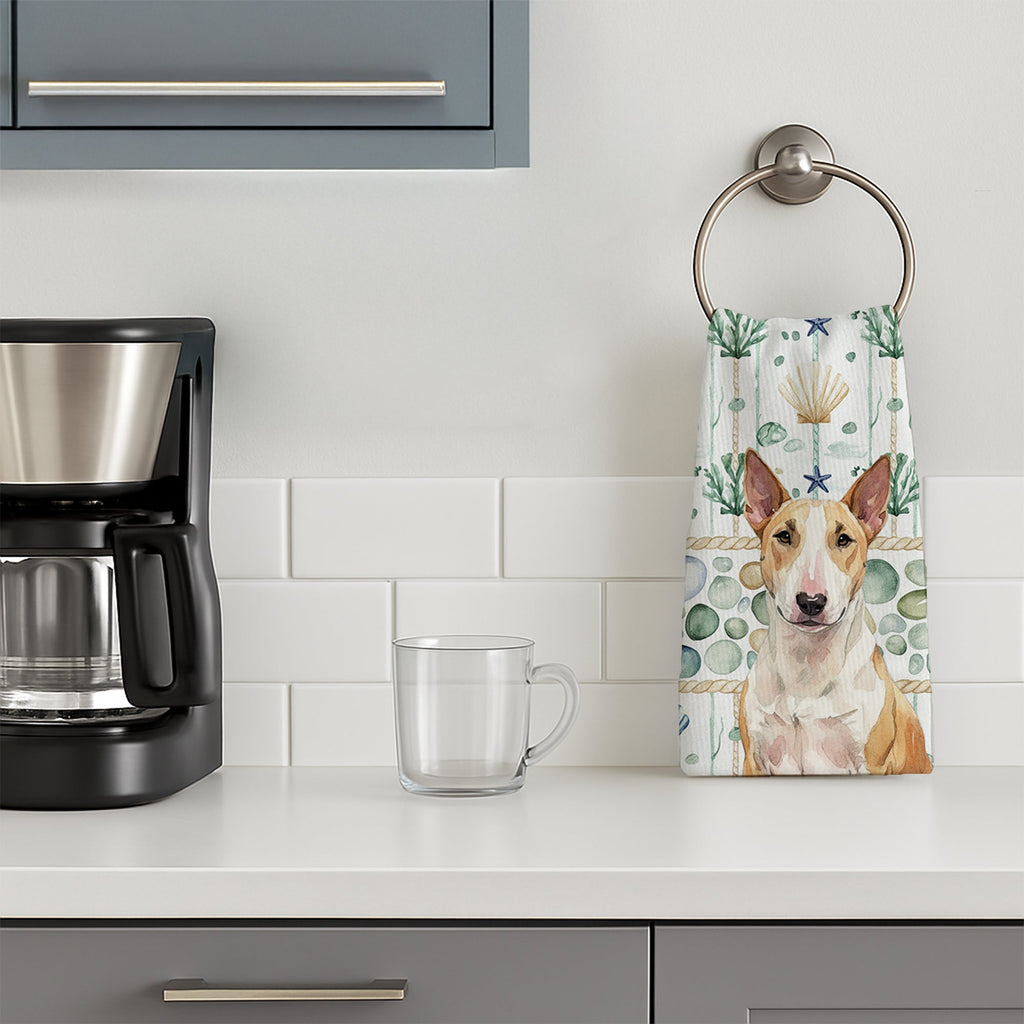 Fawn and White Bull Terrier Coastal Sea Glass Kitchen Towel Velour Plush Front and Cotton Loop Back Machine Washable
