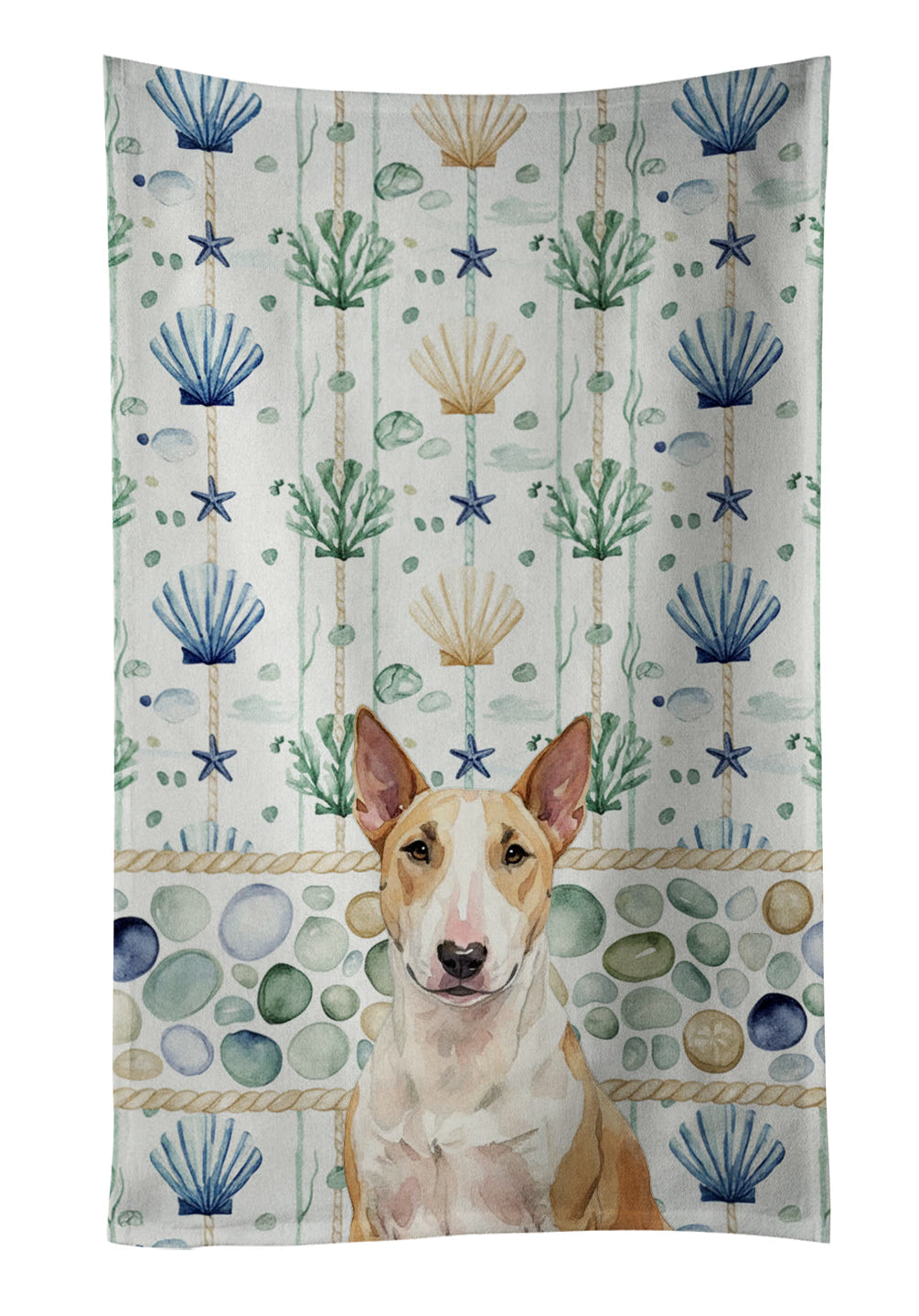 Fawn and White Bull Terrier Coastal Sea Glass Kitchen Towel Velour Plush Front and Cotton Loop Back Machine Washable
