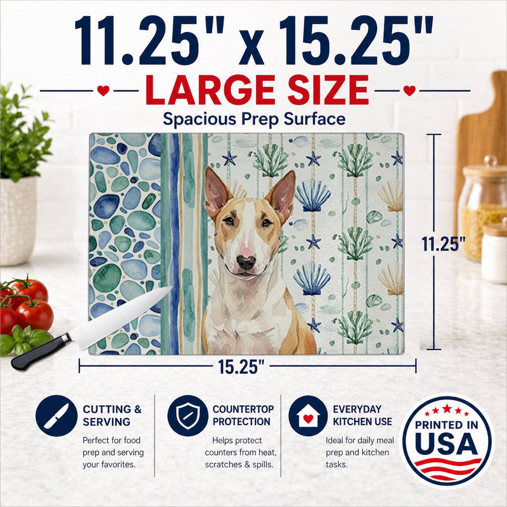 Fawn and White Bull Terrier Coastal Sea Glass Cutting Board Tempered Glass Kitchen Cutting Surface, Heat Resistant Chopping, Non-Slip Feet, Food Prep & Serving