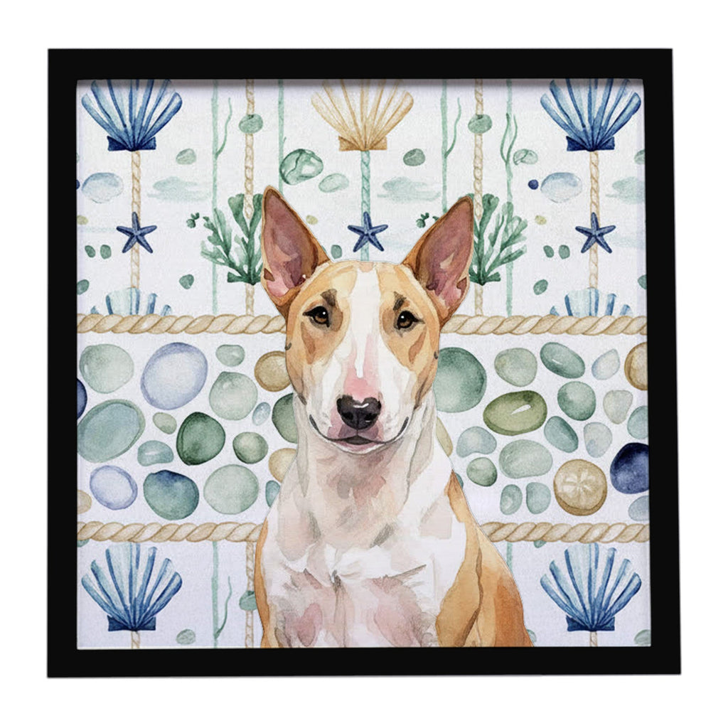 Fawn and White Bull Terrier Coastal Sea Glass Framed Metal Print Bathroom, Kitchen, Office, Home Decor Wall Art Ready to Hang, Square, 8X8