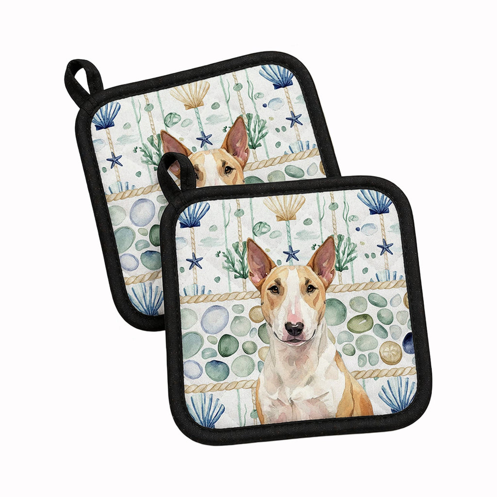 Fawn and White Bull Terrier Coastal Sea Glass Pot Holder Set of 2 Heat Resistant Quilted Hot Pads 7.5 x 7.5 Inch, Insulated Kitchen Trivets for Cooking & Baking