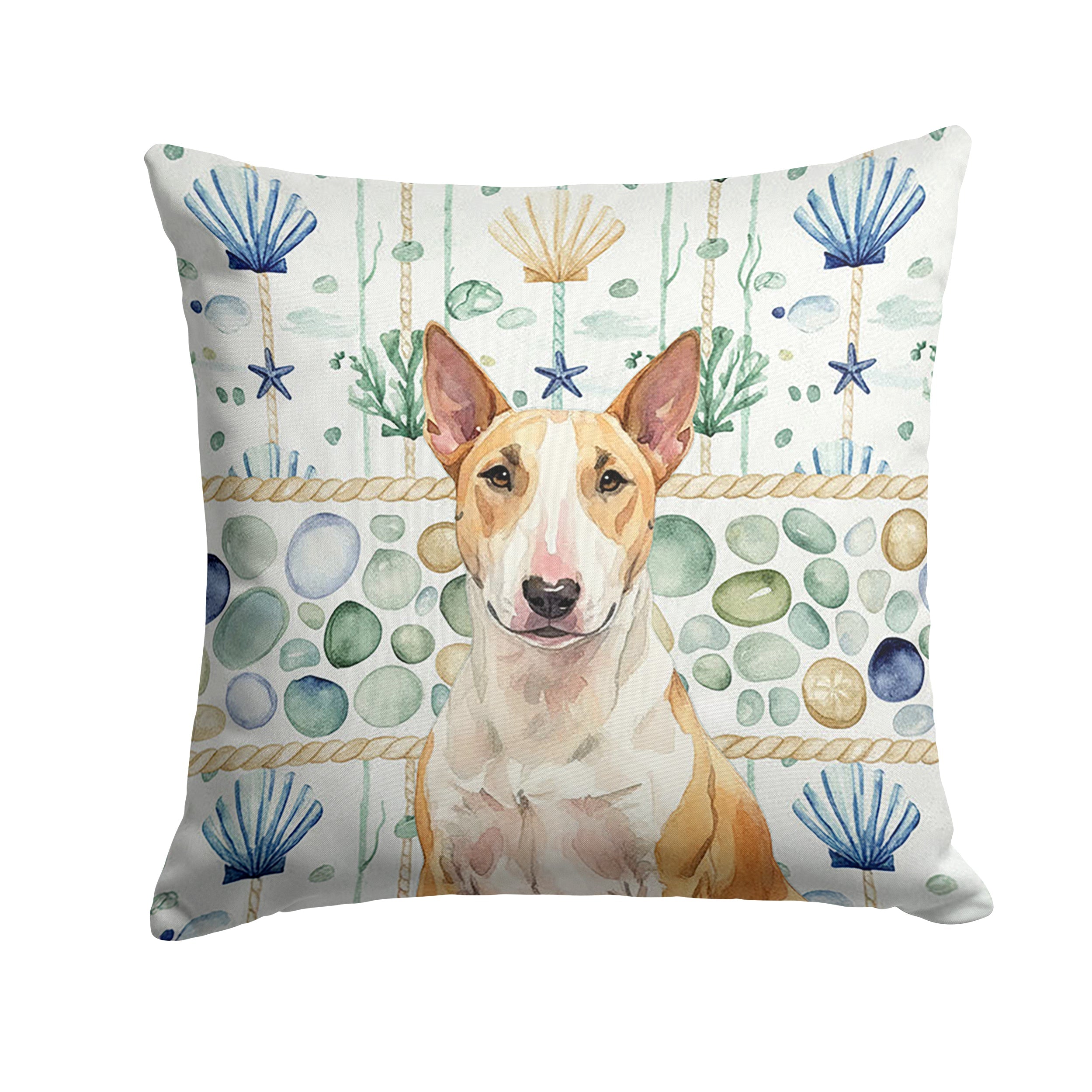 Fawn and White Bull Terrier Coastal Sea Glass Decorative Throw Pillow 14x14 Indoor Outdoor Accent Cushion, Fabric Cover with Insert for Sofa, Bed, Porch & Living Room