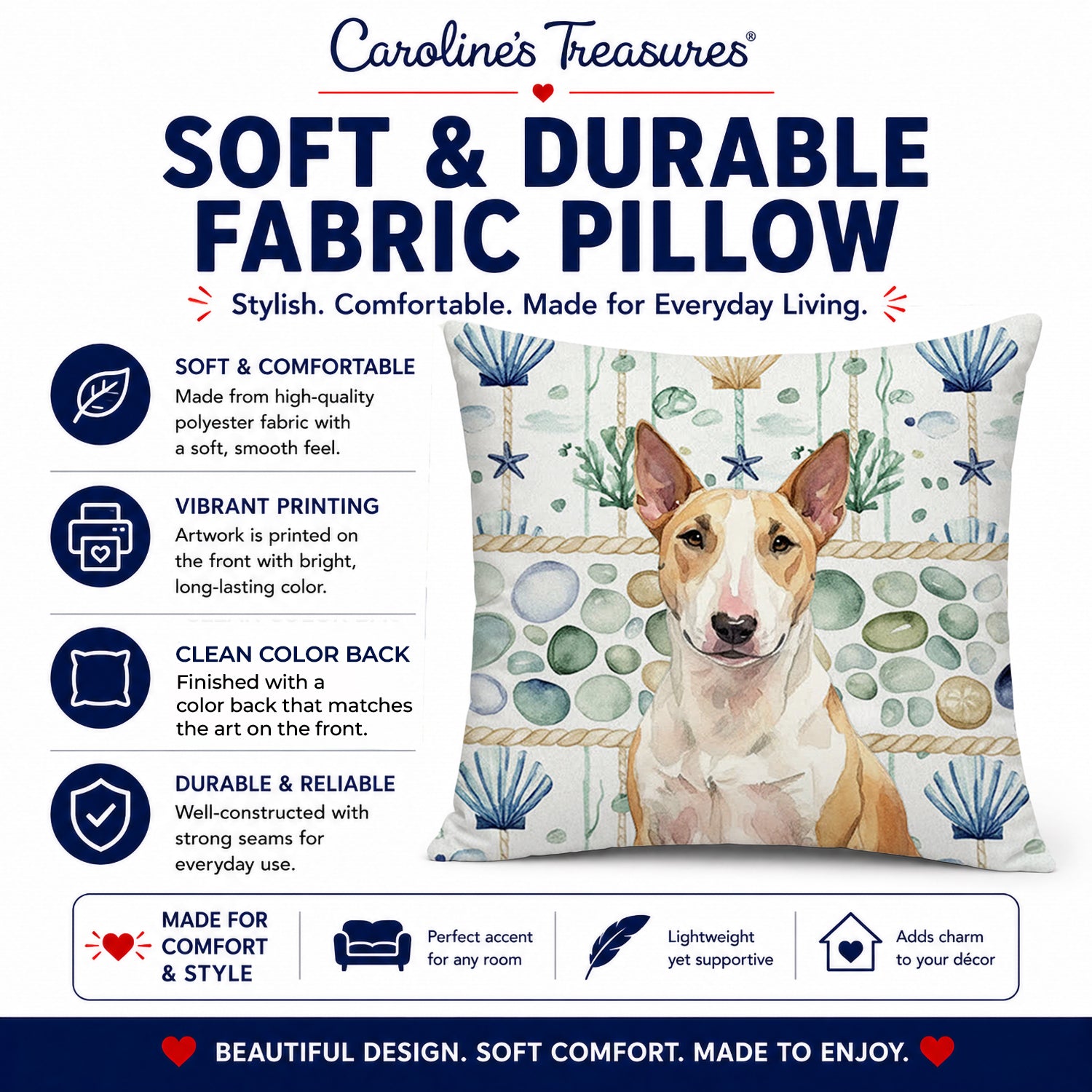 Fawn and White Bull Terrier Coastal Sea Glass Decorative Throw Pillow 18x18 Indoor Outdoor Accent Cushion, Fabric Cover with Insert for Sofa, Bed, Porch & Living Room
