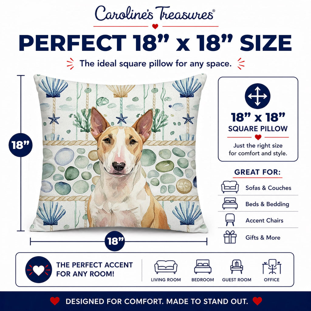 Fawn and White Bull Terrier Coastal Sea Glass Decorative Throw Pillow 18x18 Indoor Outdoor Accent Cushion, Fabric Cover with Insert for Sofa, Bed, Porch & Living Room
