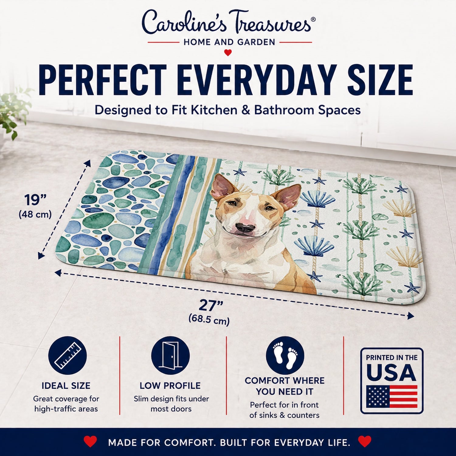Fawn and White Bull Terrier Coastal Sea Glass Memory Foam Kitchen Mat Machine Washable Anti-Fatigue Cushion Comfort Bath or Kitchen Rug