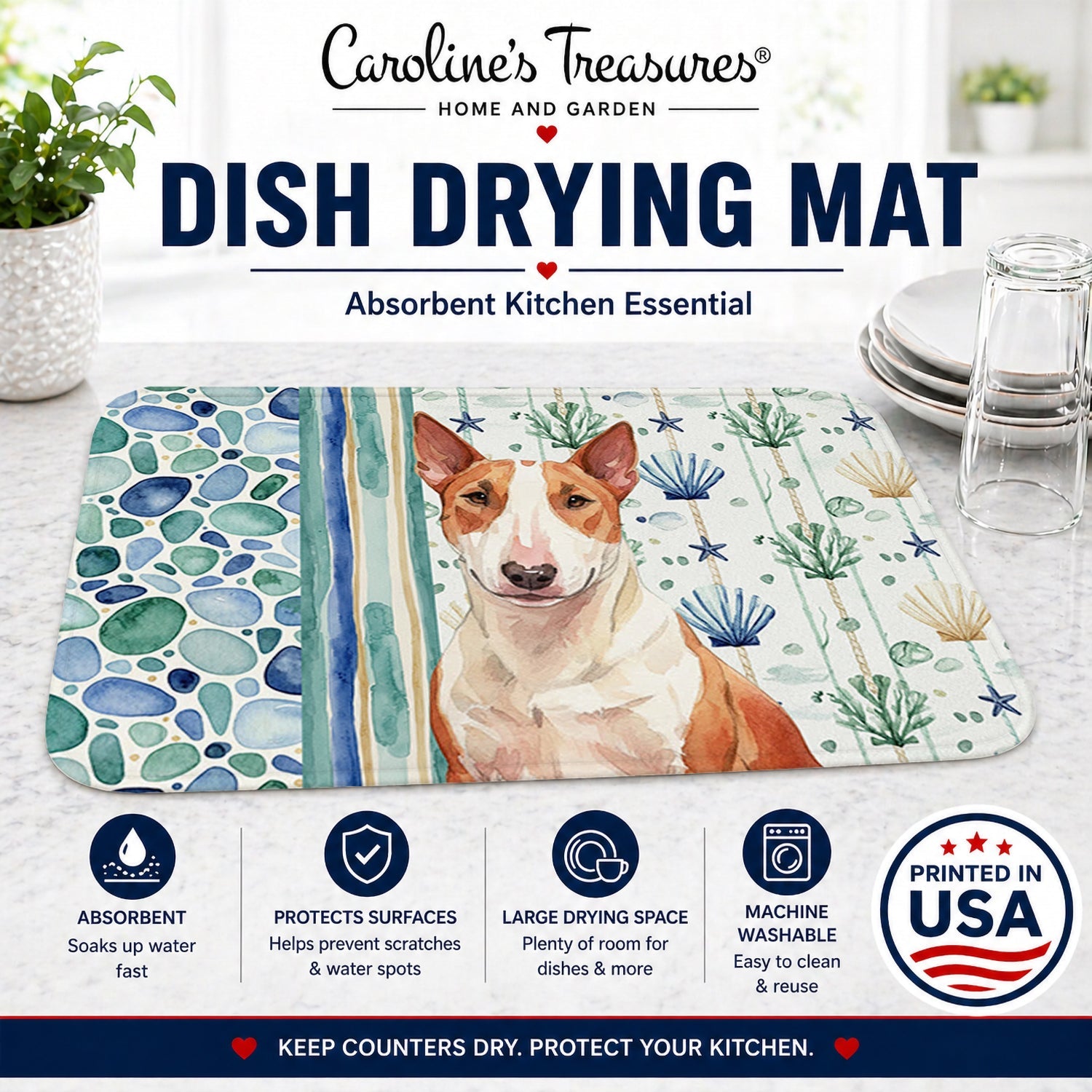 Red and White Bull Terrier Coastal Sea Glass Dish Drying Mat Absorbent Dish Drying Mat Pad for Kitchen Counter Dish Drainer Mat for Countertop, 14 x 21", Multicolor