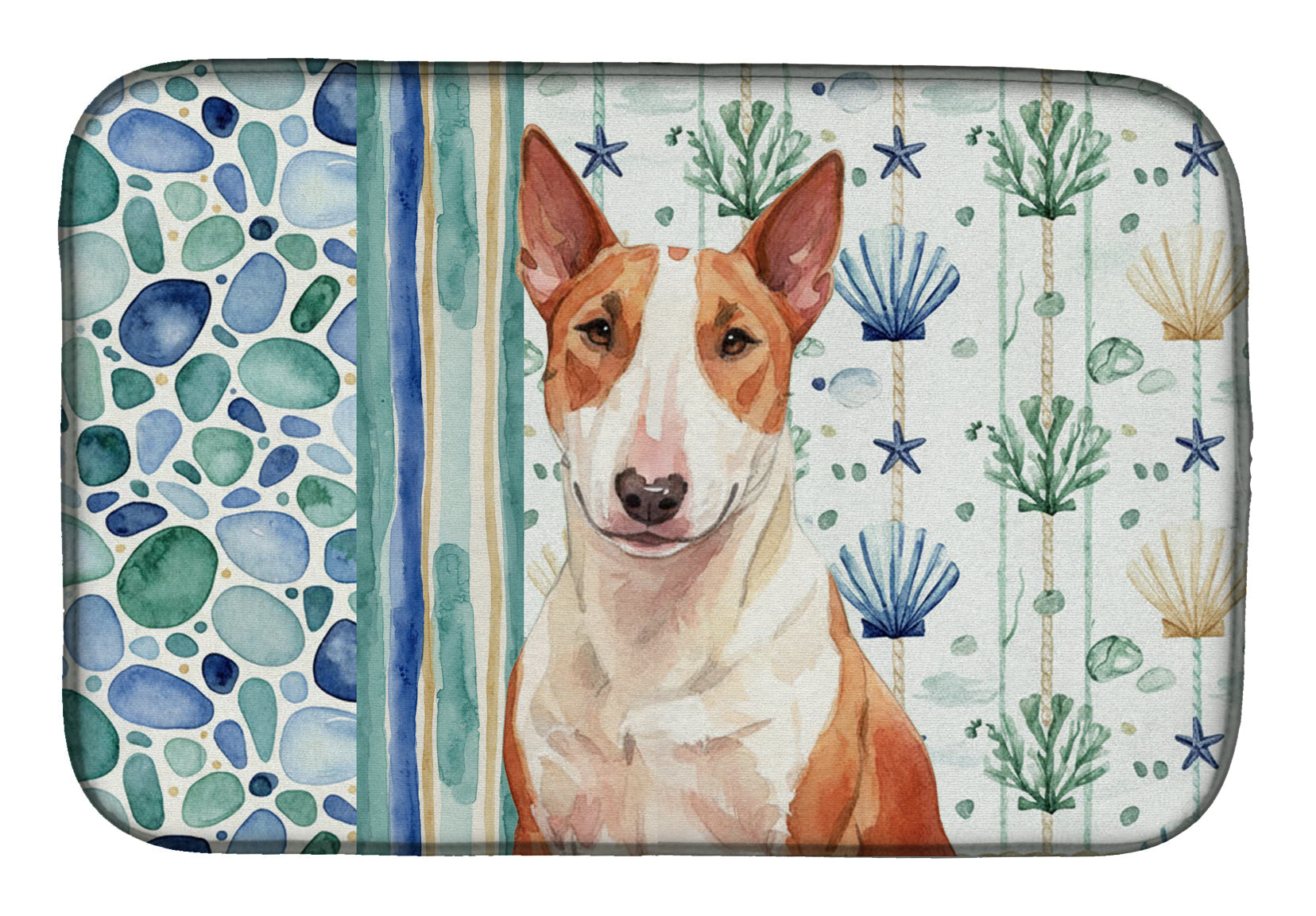 Red and White Bull Terrier Coastal Sea Glass Dish Drying Mat Absorbent Dish Drying Mat Pad for Kitchen Counter Dish Drainer Mat for Countertop, 14 x 21", Multicolor